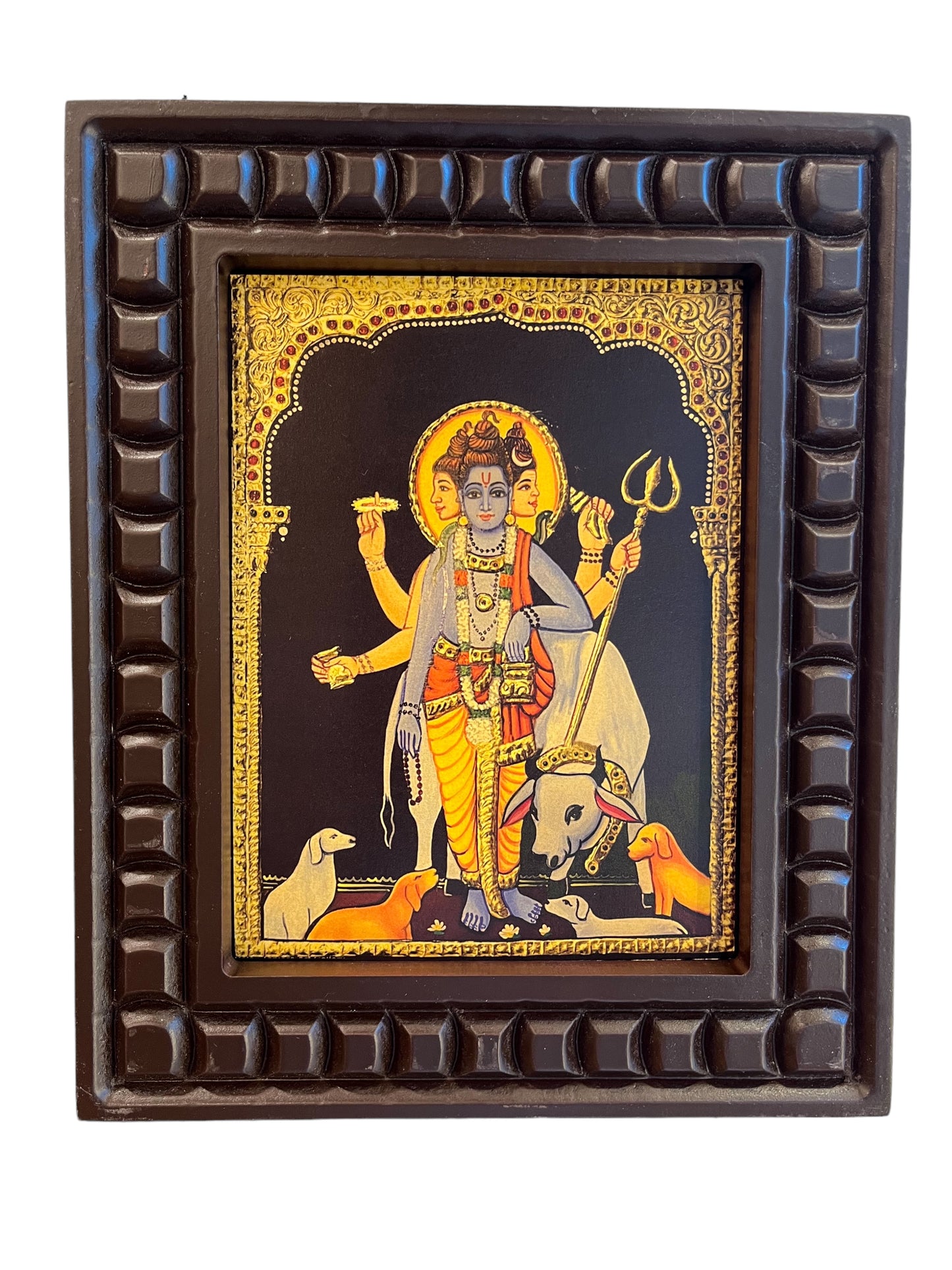 Gold Leafed Art Dattatreya With Wooden Frame