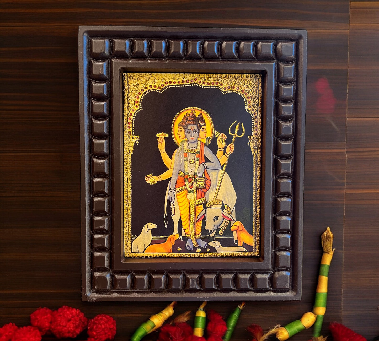 Gold Leafed Art Dattatreya With Wooden Frame