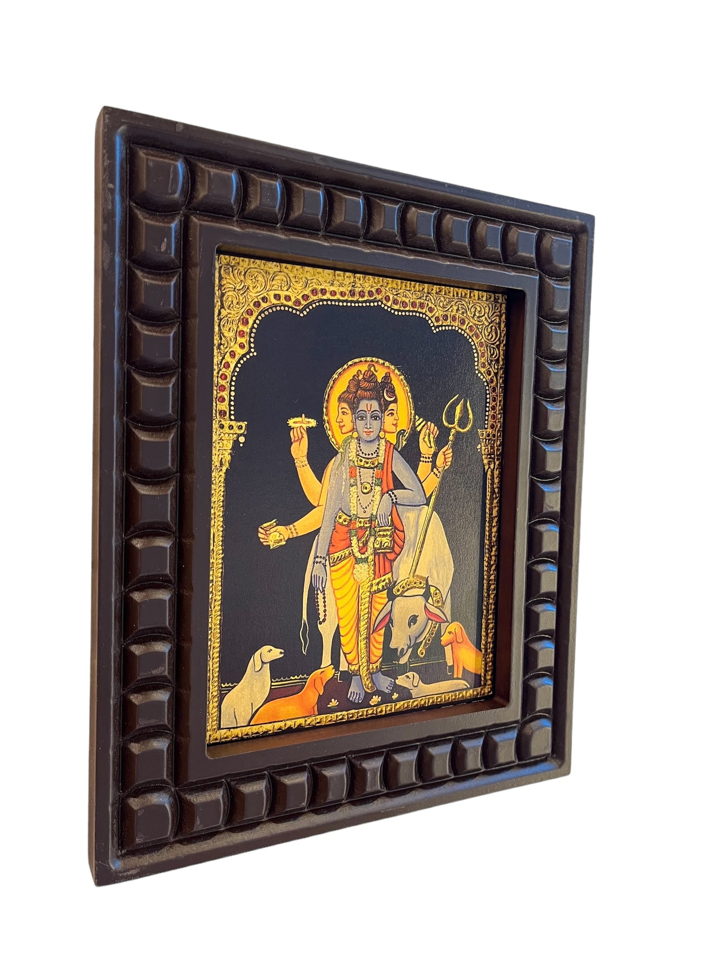 Gold Leafed Art Dattatreya With Wooden Frame