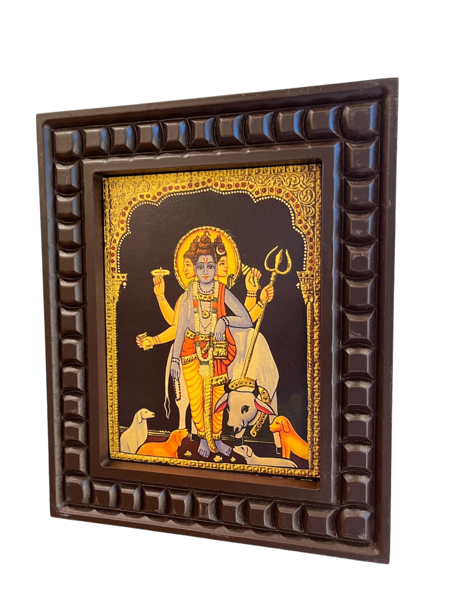 Gold Leafed Art Dattatreya With Wooden Frame