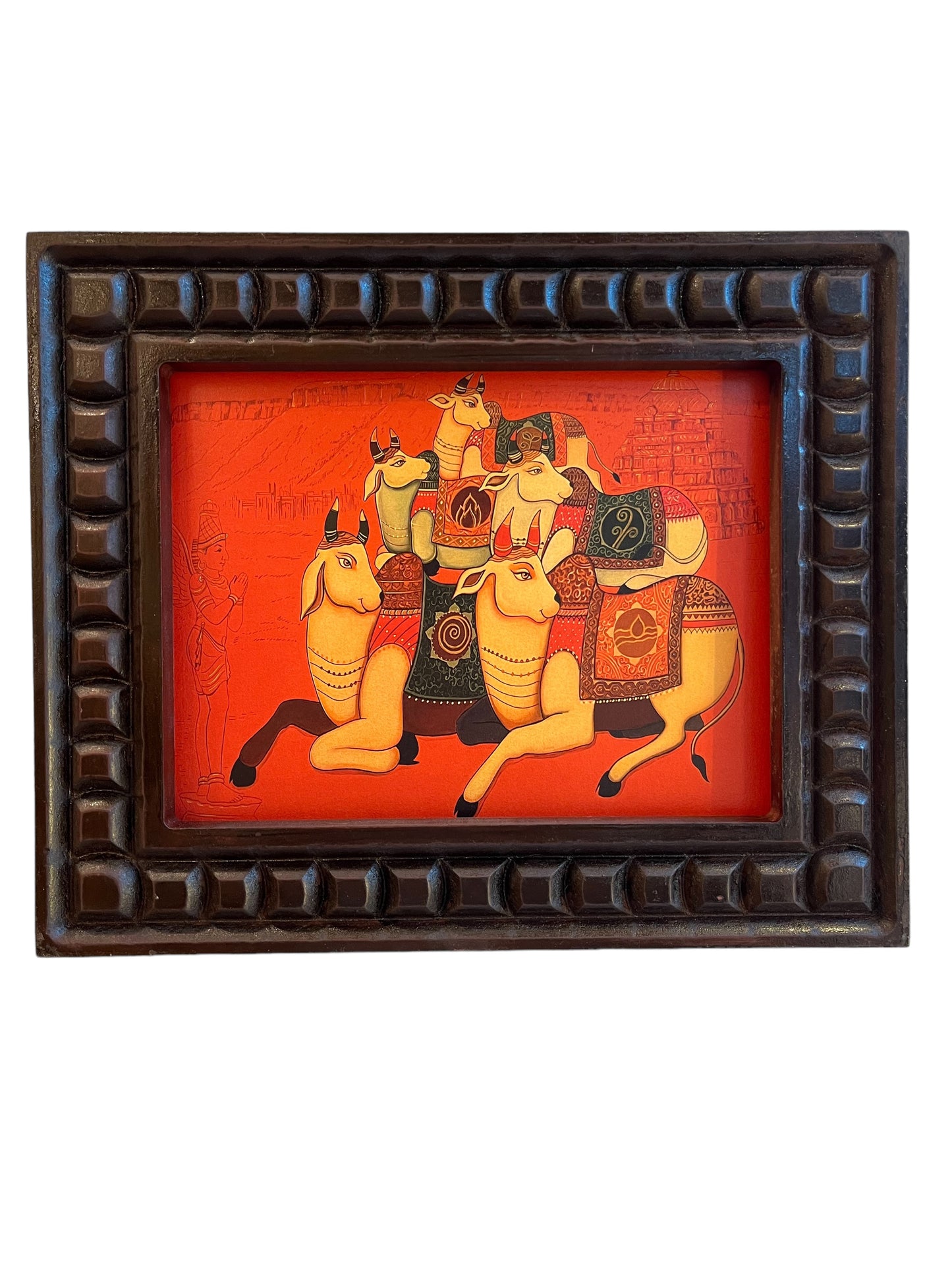 Pancha Tatva Kamadhenu with Tirupati Background – Gold Leaf Artwork in Wooden Frame