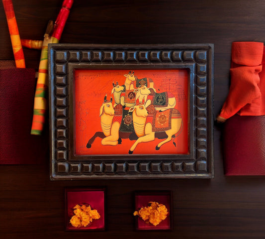 Pancha Tatva Kamadhenu with Tirupati Background – Gold Leaf Artwork in Wooden Frame