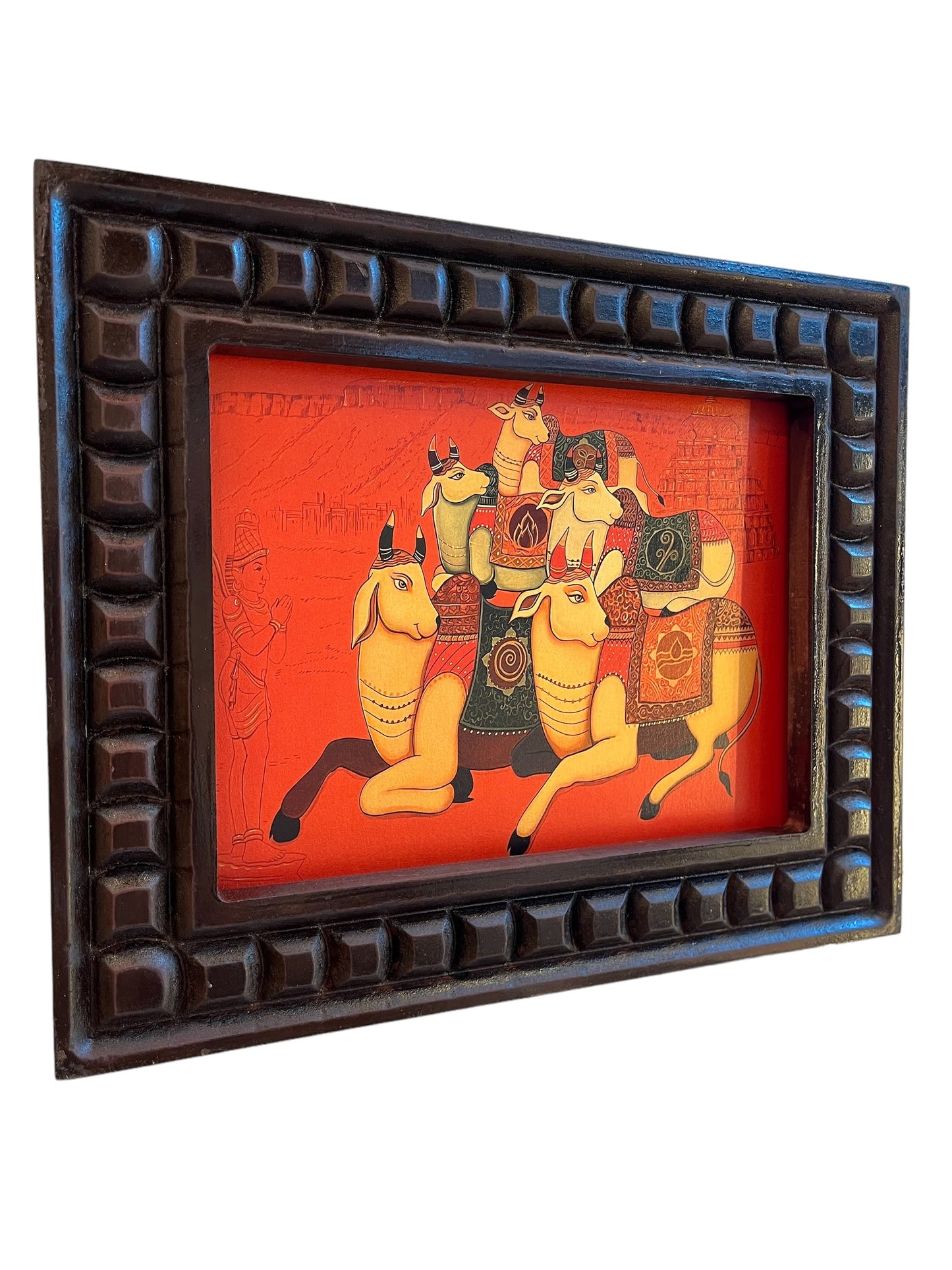 Pancha Tatva Kamadhenu with Tirupati Background – Gold Leaf Artwork in Wooden Frame