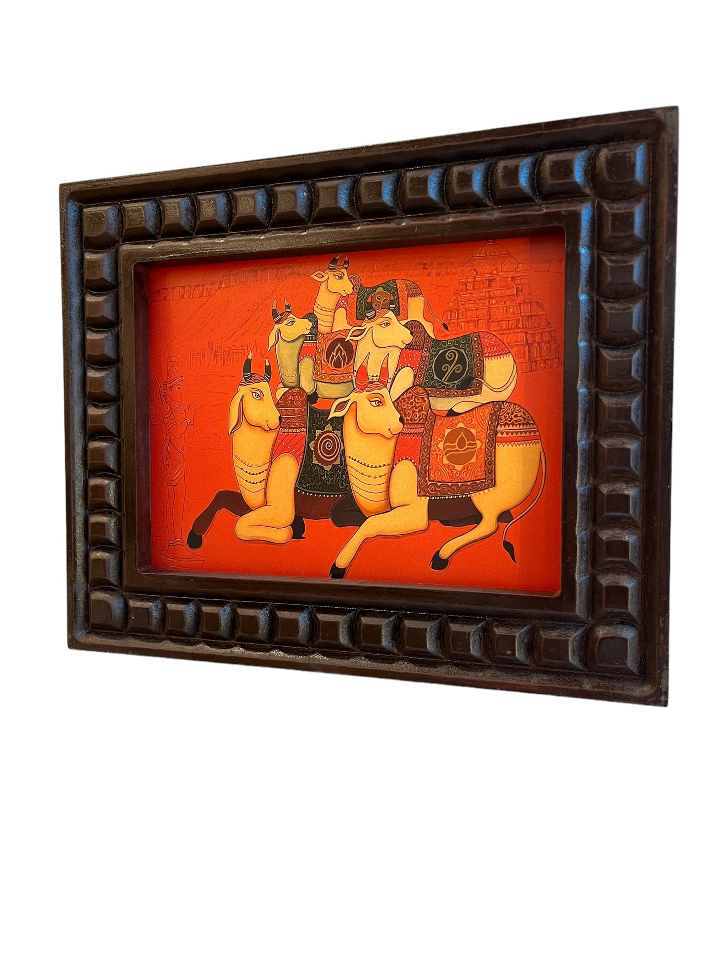 Pancha Tatva Kamadhenu with Tirupati Background – Gold Leaf Artwork in Wooden Frame