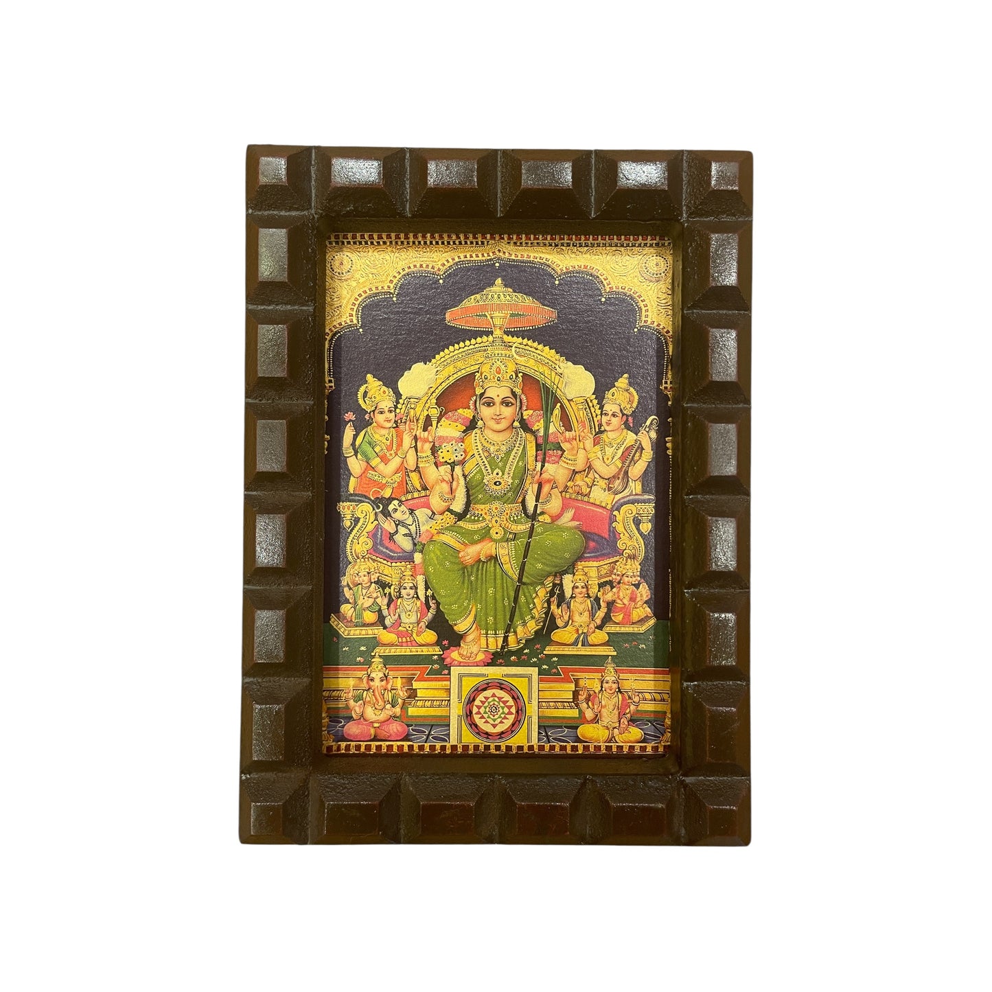Lalitha Tripura Sundari 2 Green Saree Gold Leafed Art With Wooden Frame