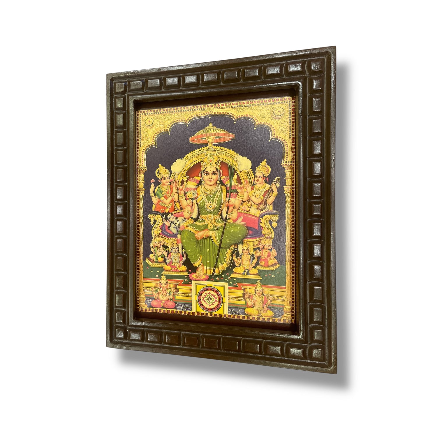 Lalitha Tripura Sundari 2 Green Saree Gold Leafed Art With Wooden Frame
