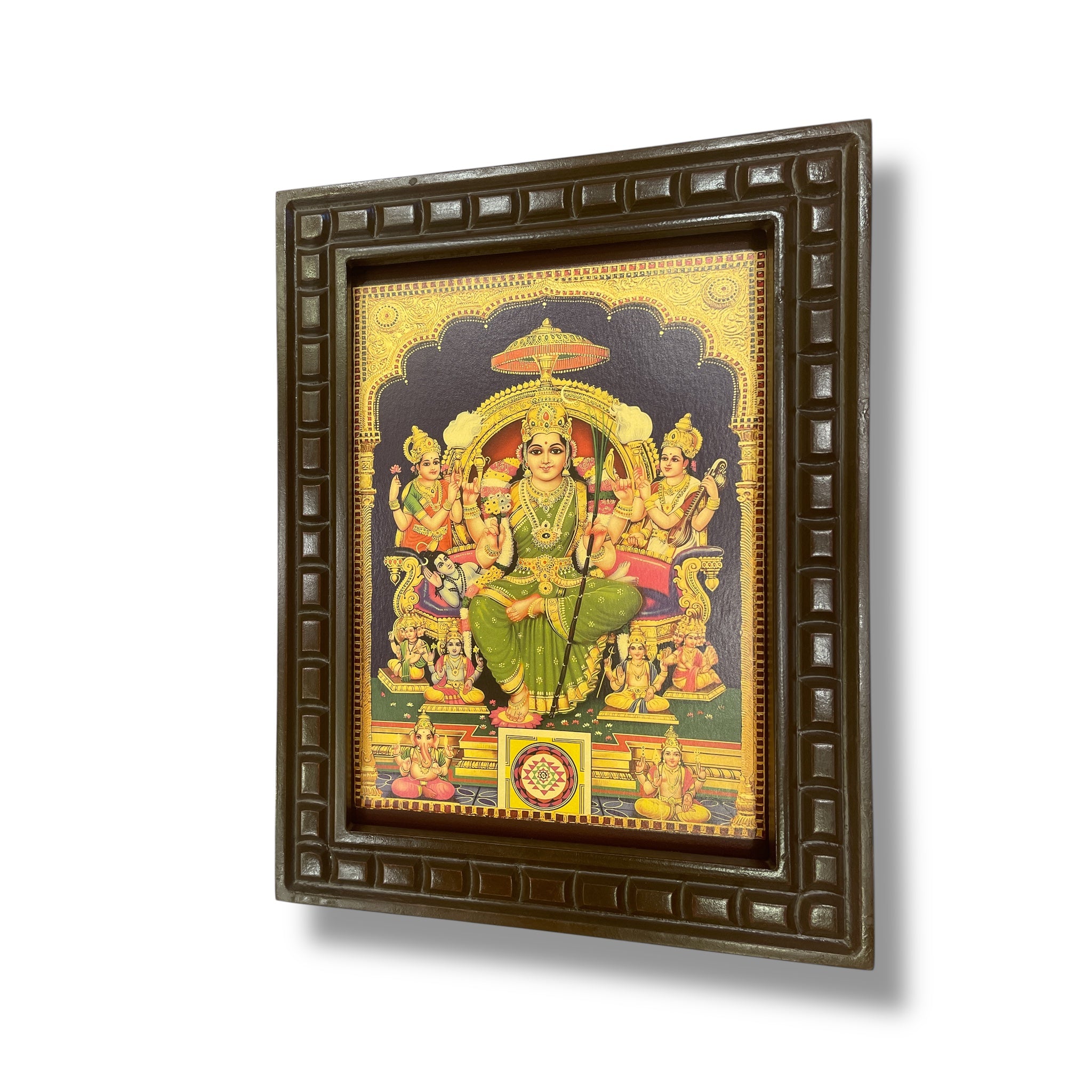 Lalitha Tripura Sundari 2 Green Saree Gold Leafed Art With Wooden Frame