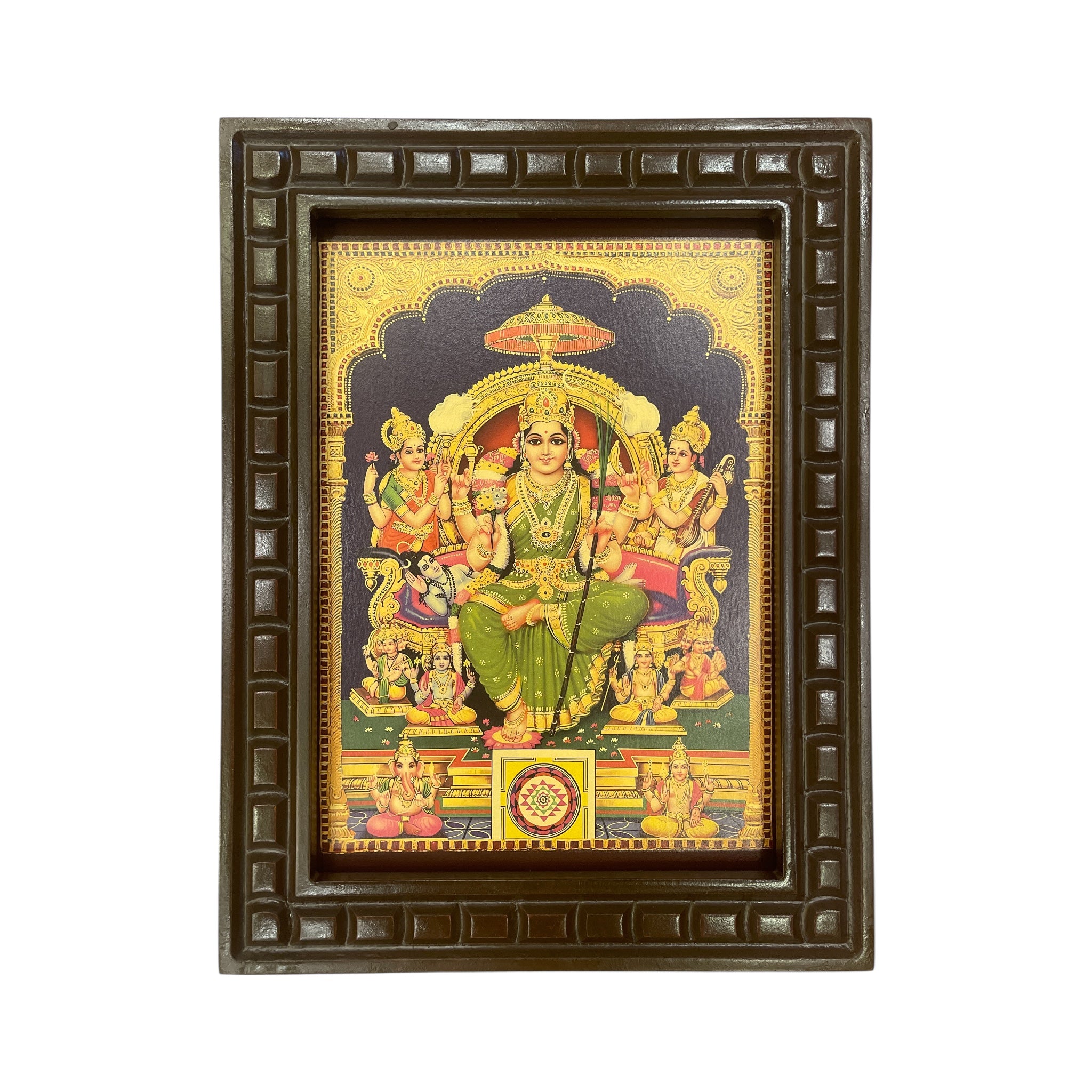 Lalitha Tripura Sundari 2 Green Saree Gold Leafed Art With Wooden Frame