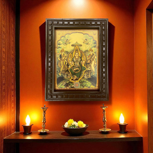 Tripura Sundari 2 Green Saree Gold Leafed Art With Wooden Frame