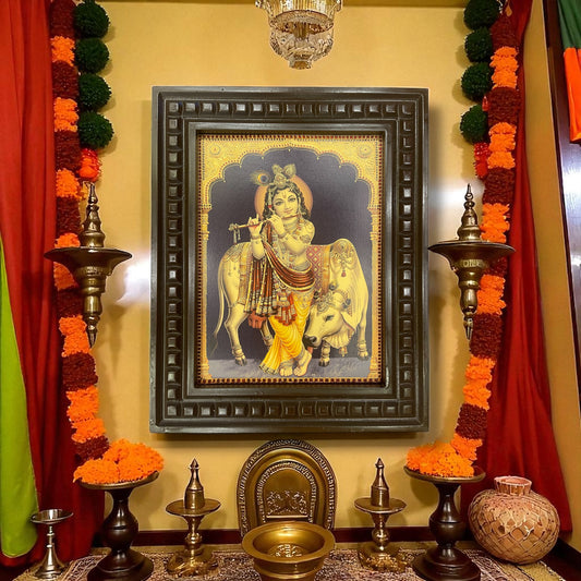 Krishna Gold Leafed Art with Wooden Frame