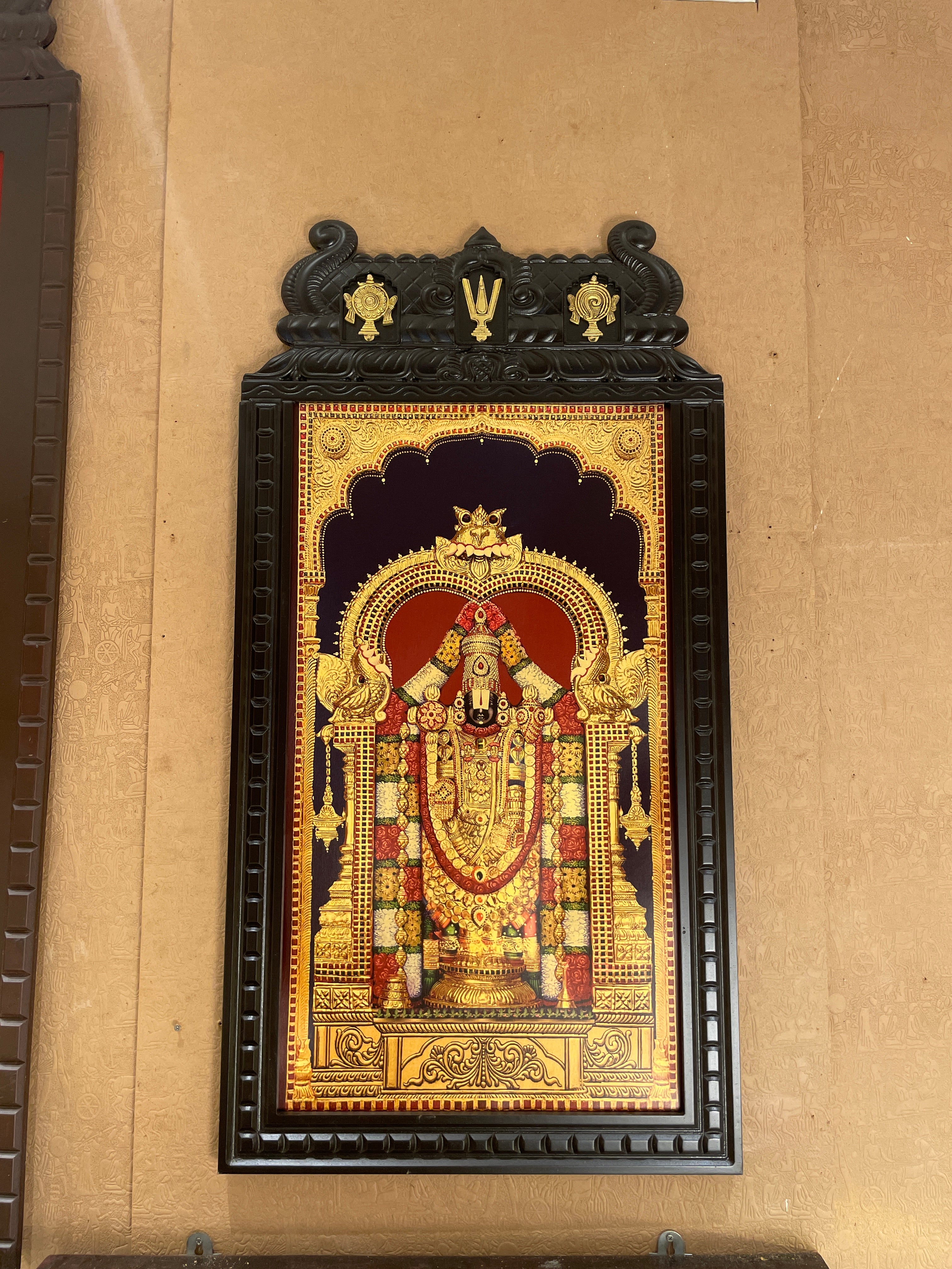 Tirupati Balaji Gold Leaf Art with Brass Shanku Chakra Namam Temple Frame | Premium Wooden Wall Decor for Home & Pooja Room