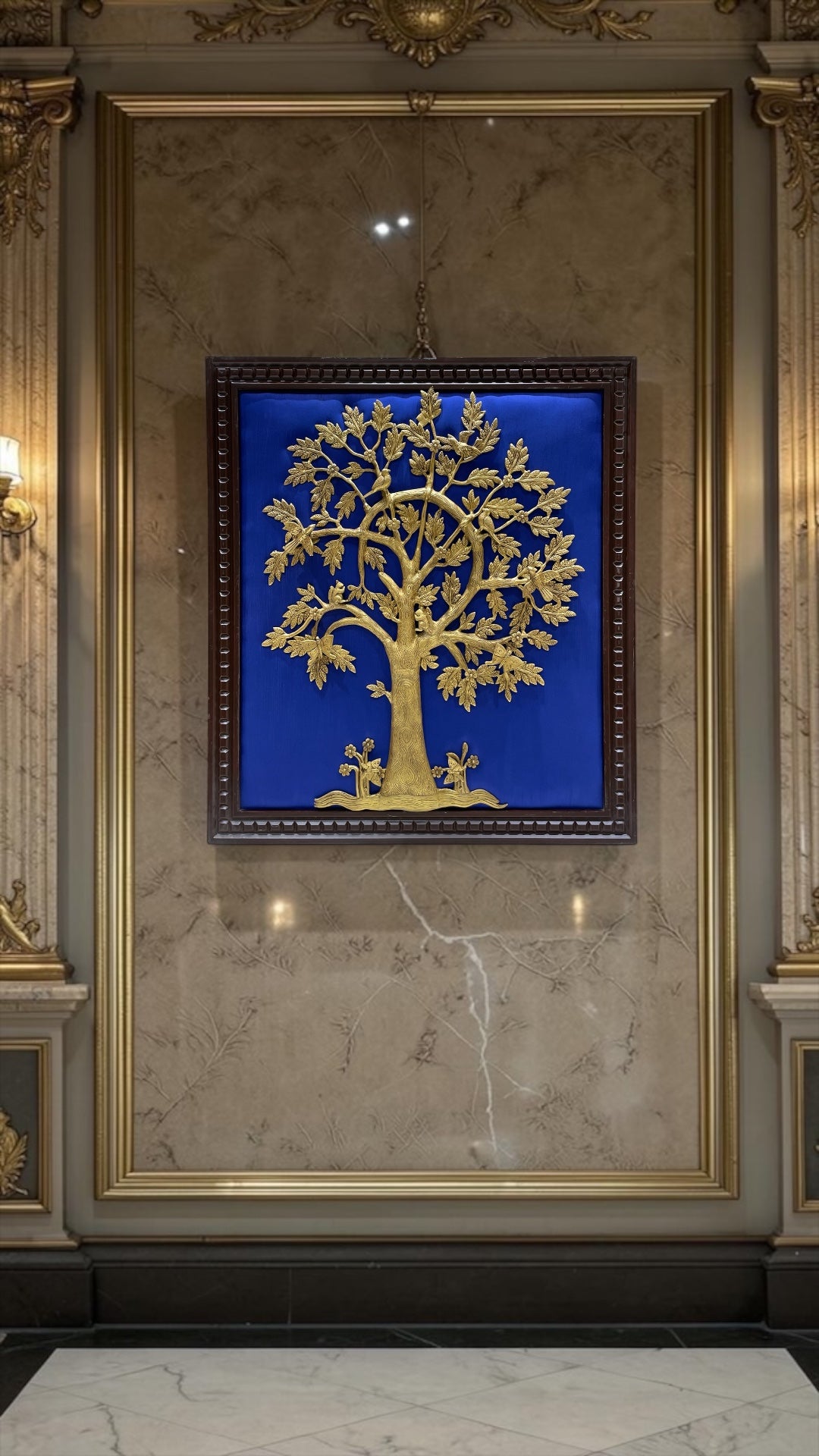 Brass Tree of Life Wall Art with Birds, Blue Silk Backdrop  Frame | Luxury Home Decor