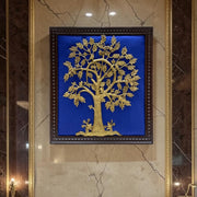 Brass Tree of Life Wall Art with Birds, Blue Silk Backdrop  Frame | Luxury Home Decor