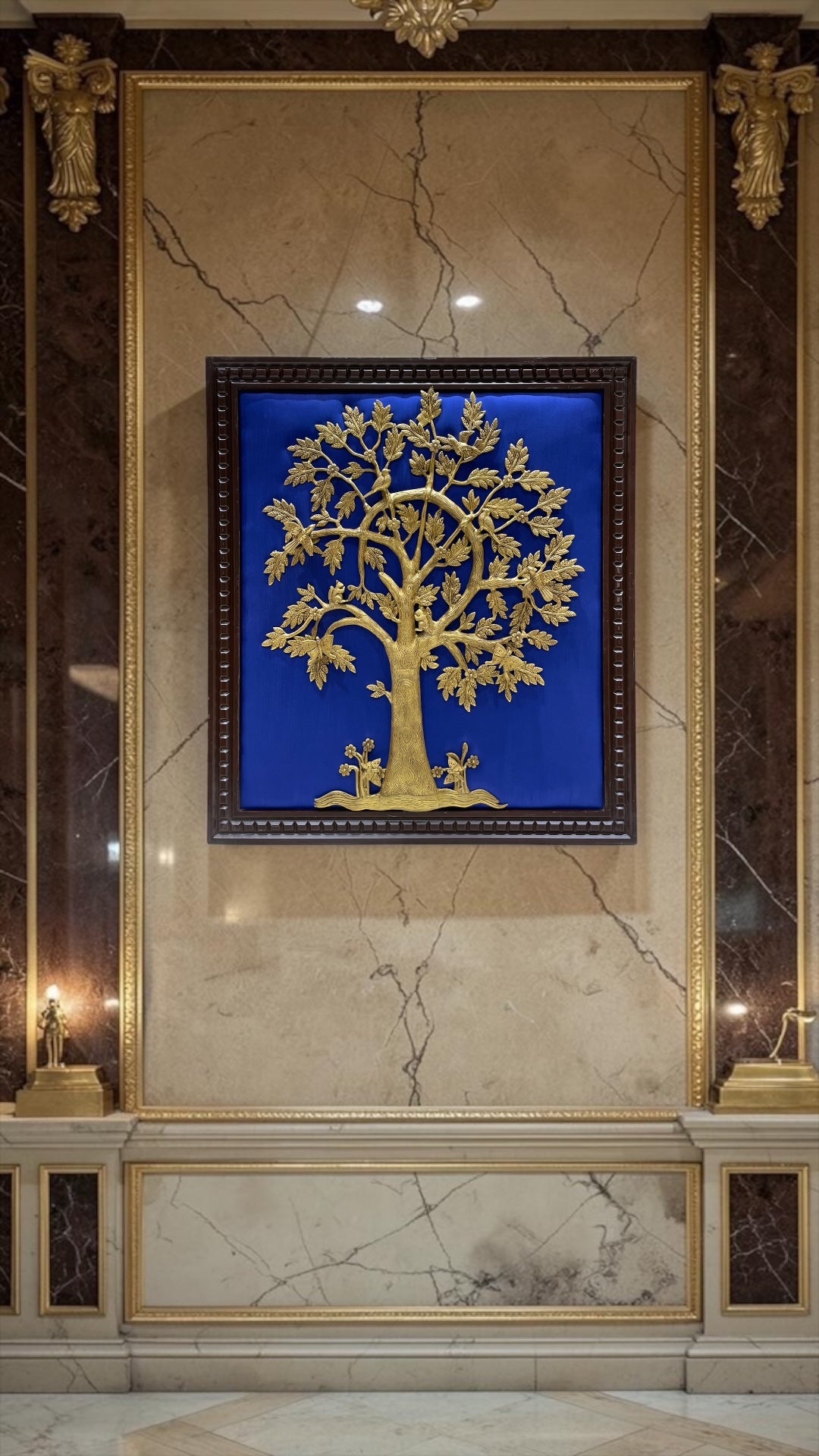 Brass Tree of Life Wall Art with Birds, Blue Silk Backdrop  Frame | Luxury Home Decor