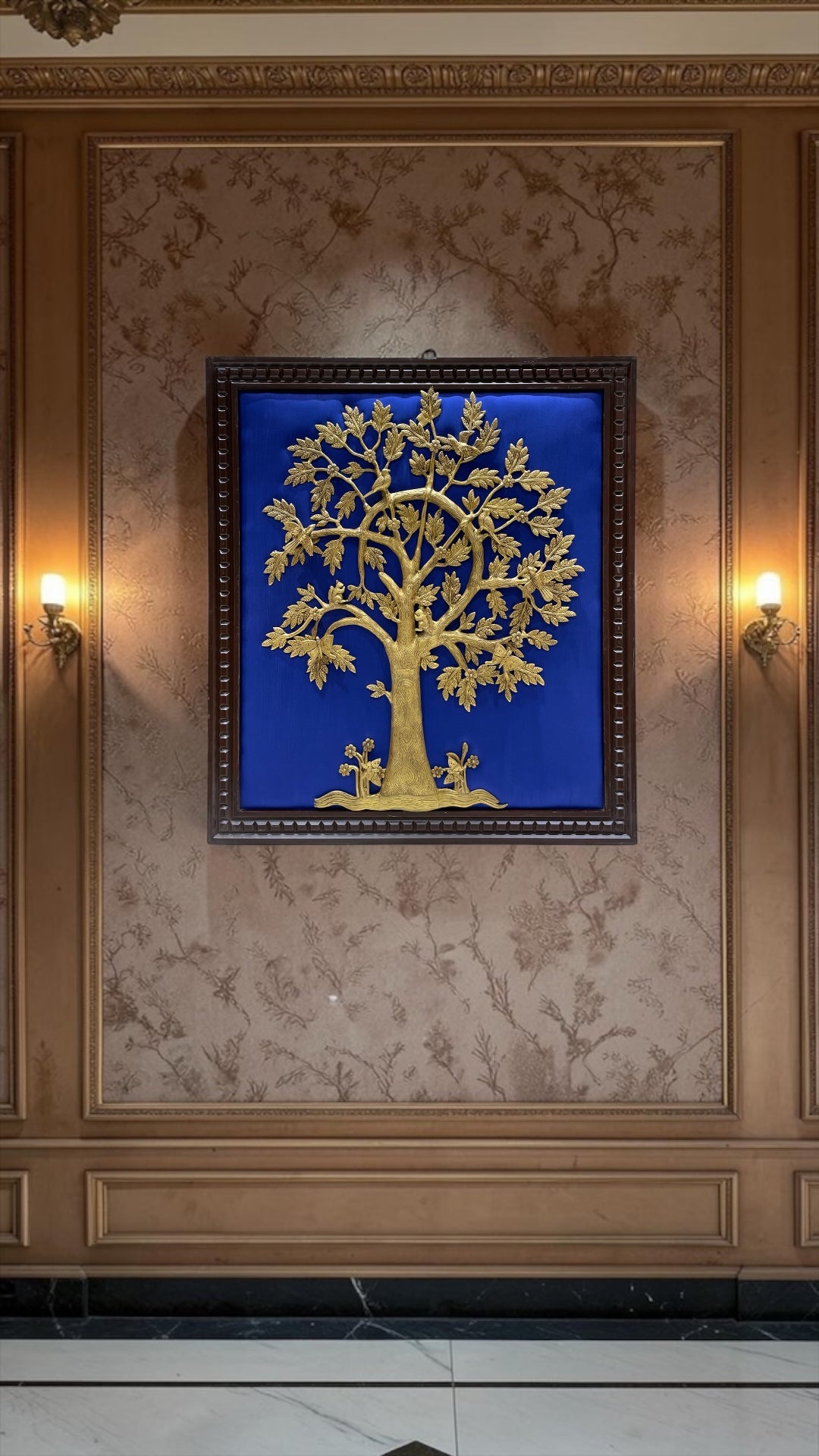 Brass Tree of Life Wall Art with Birds, Blue Silk Backdrop  Frame | Luxury Home Decor