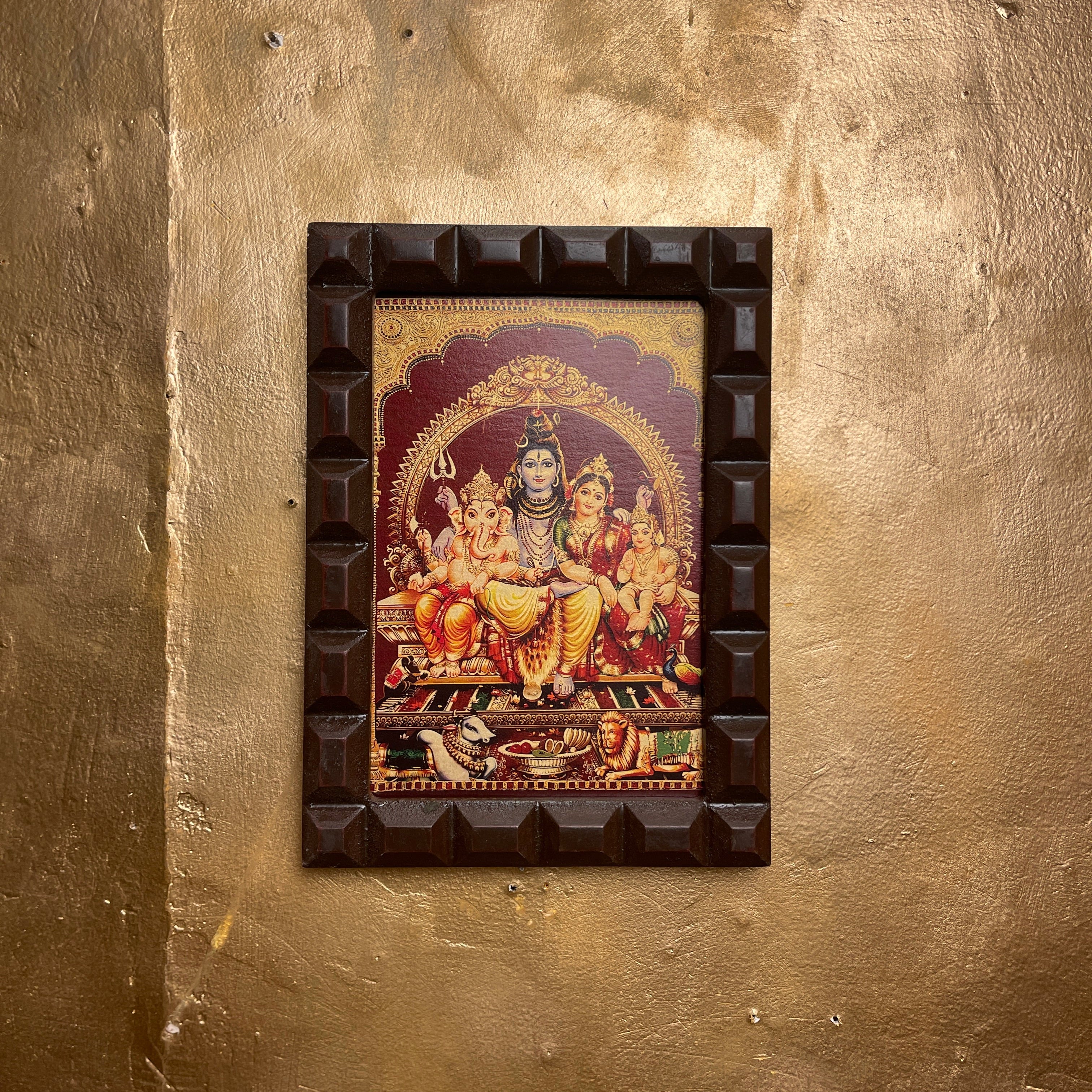 Shiva Parivar -5 Gold Leafed artwork in wooden frame