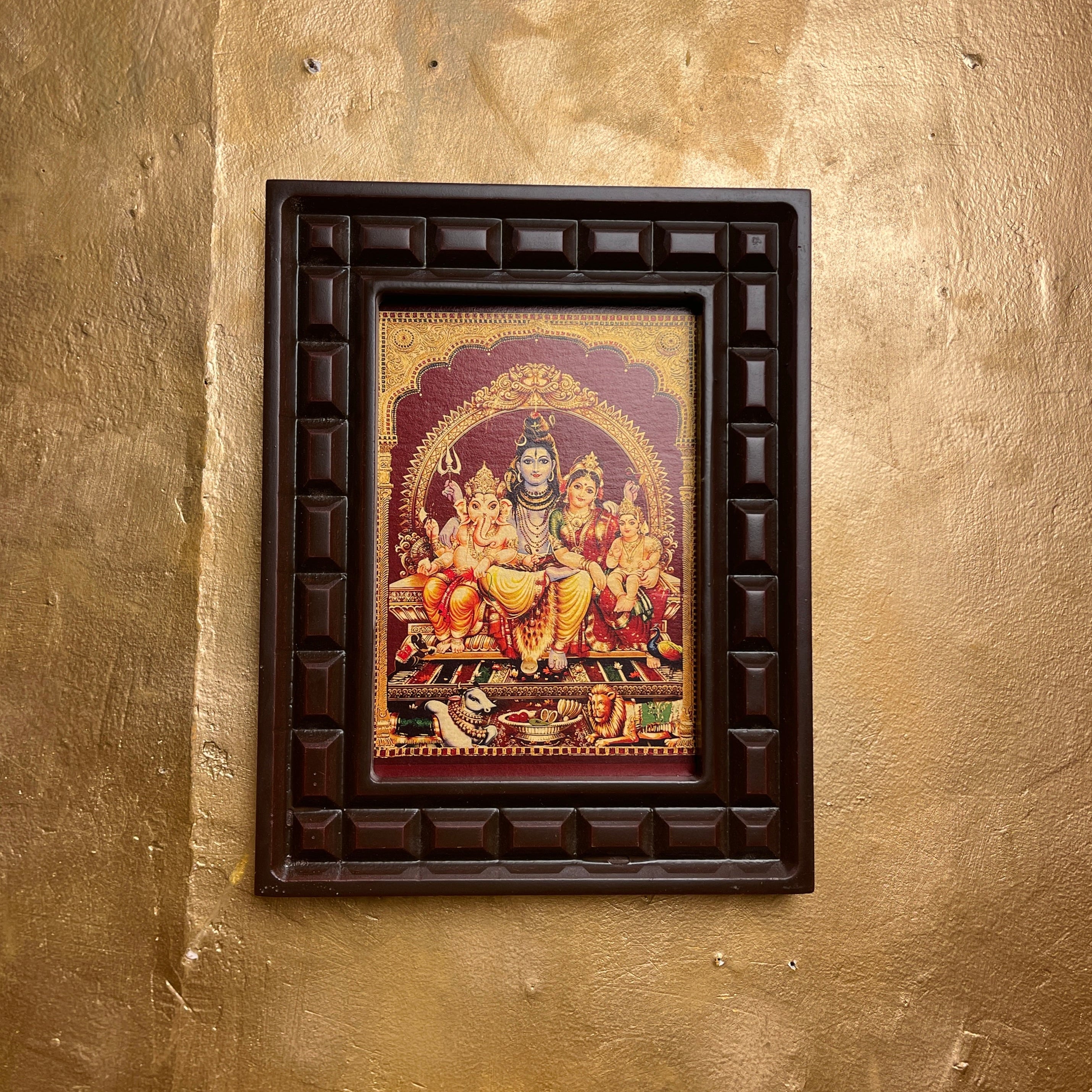 Shiva Parivar -5 Gold Leafed artwork in wooden frame