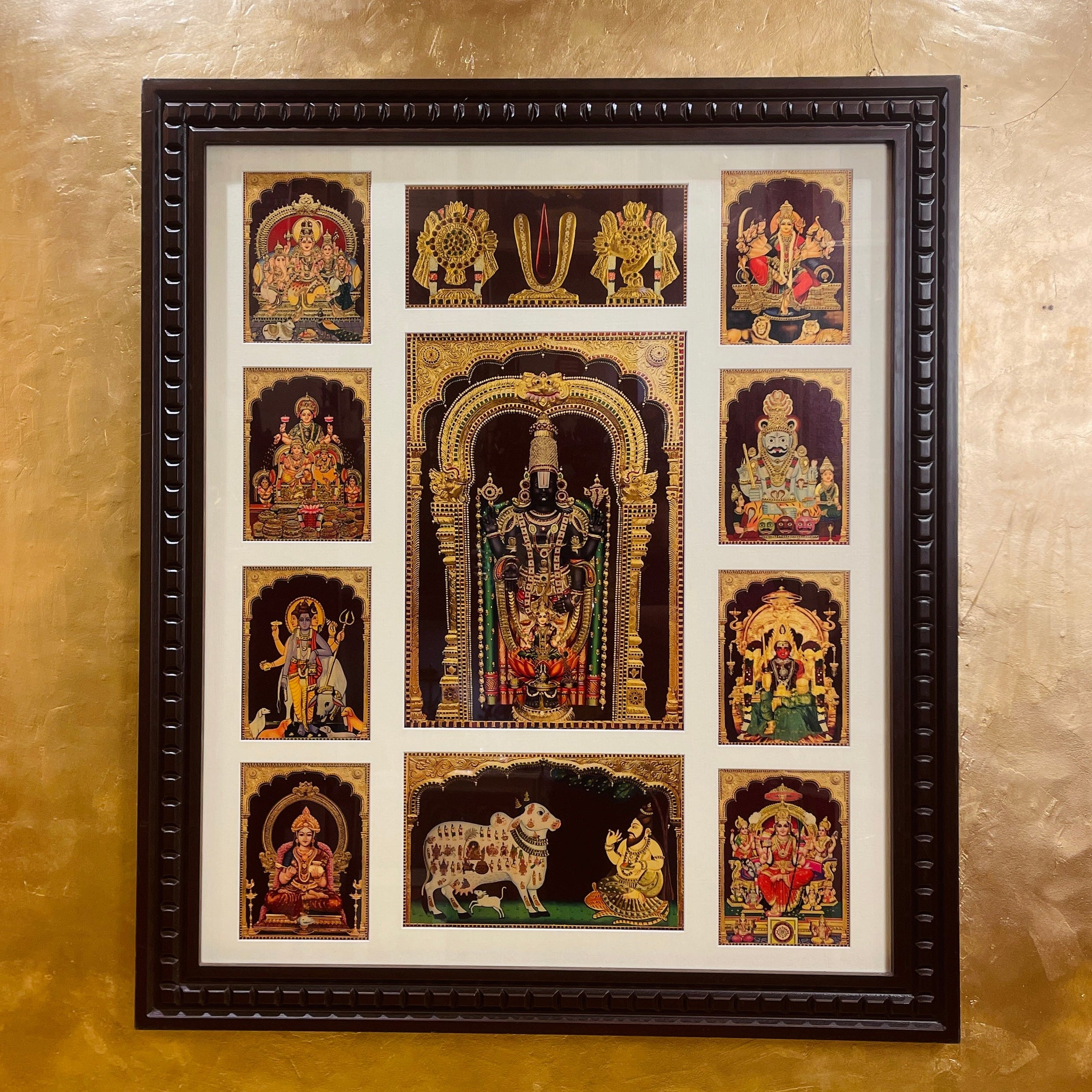 10 Gods in 1 Gold Leafed Pooja Room Frame | Large All-In-One Religious Photo Frame of 10 God & Goddess, Customization
