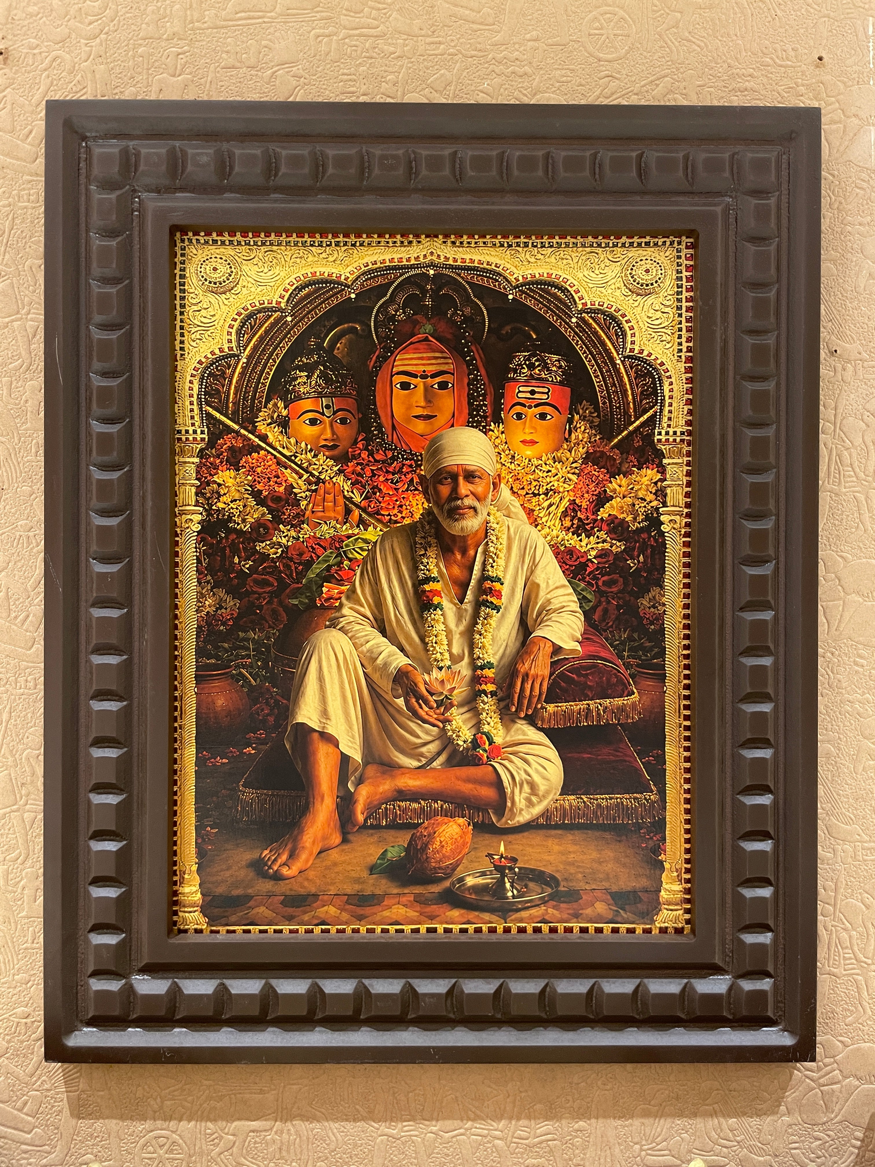 Sai Baba Gold Leaf Art Frame | Premium Wooden Frame Wall Decor for Pooja Room