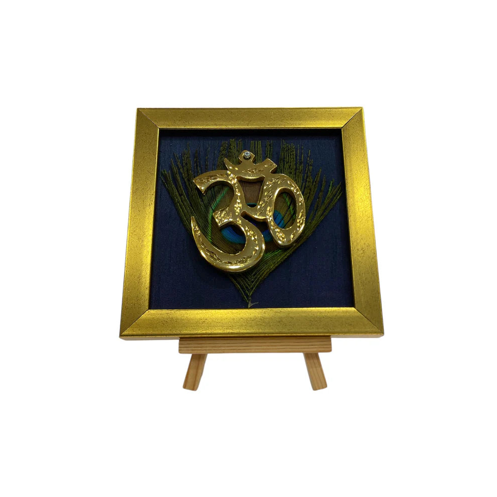 Brass Om on Peacock Feather & Violet Silk with display stand