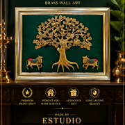 Brass Kalpavriksha with Pair Kamadhenus | Green Silk Backdrop | Premium Rising Frame by ESTUDIO