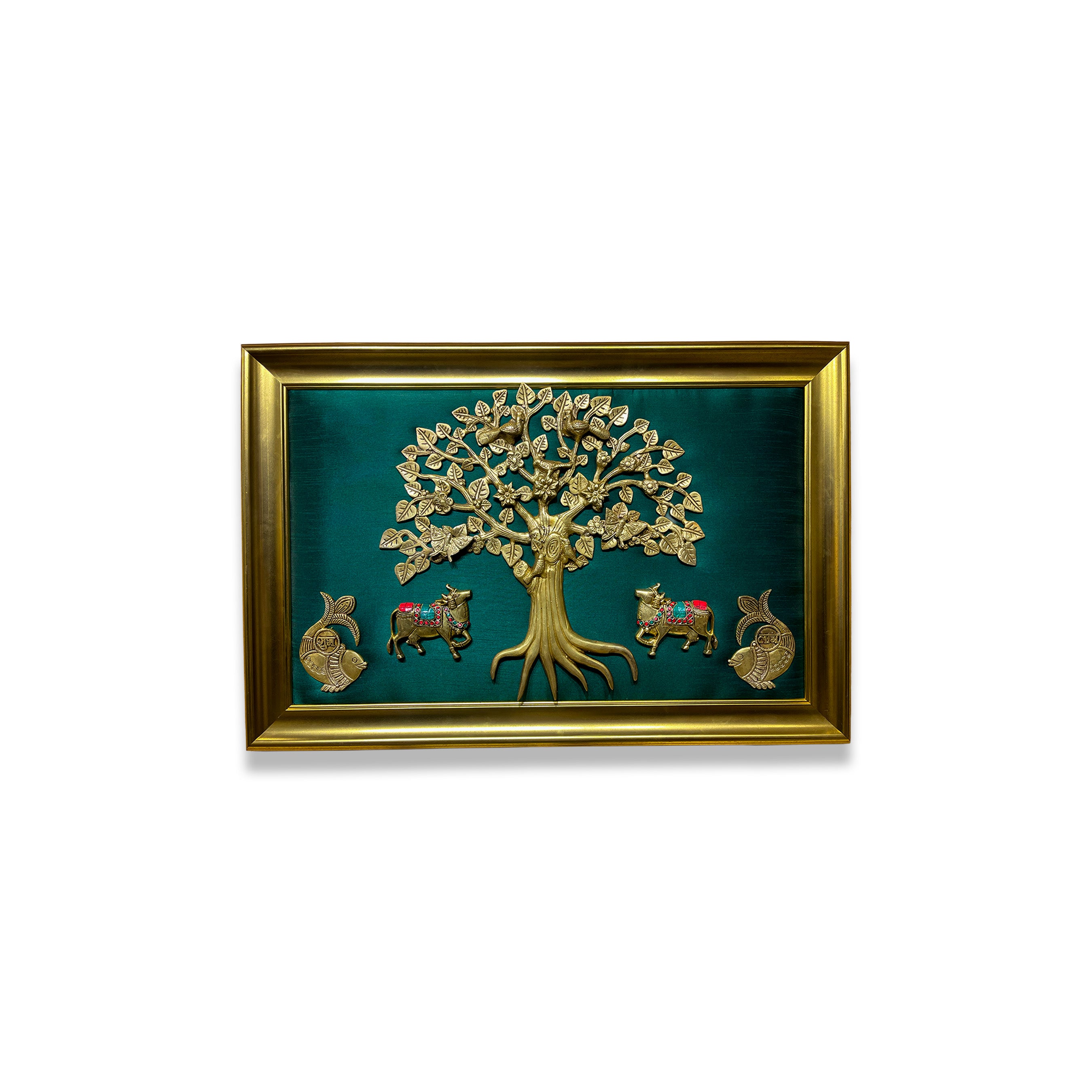 Brass Kalpavriksha Tree with 2 Cows & Shubh Labh Wall Art | Rama Green Silk | Moulded Gold Colour Frame | Premium Vastu Home Décor