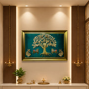 Brass Kalpavriksha Tree with 2 Cows & Shubh Labh Wall Art | Rama Green Silk | Moulded Gold Colour Frame | Premium Vastu Home Décor