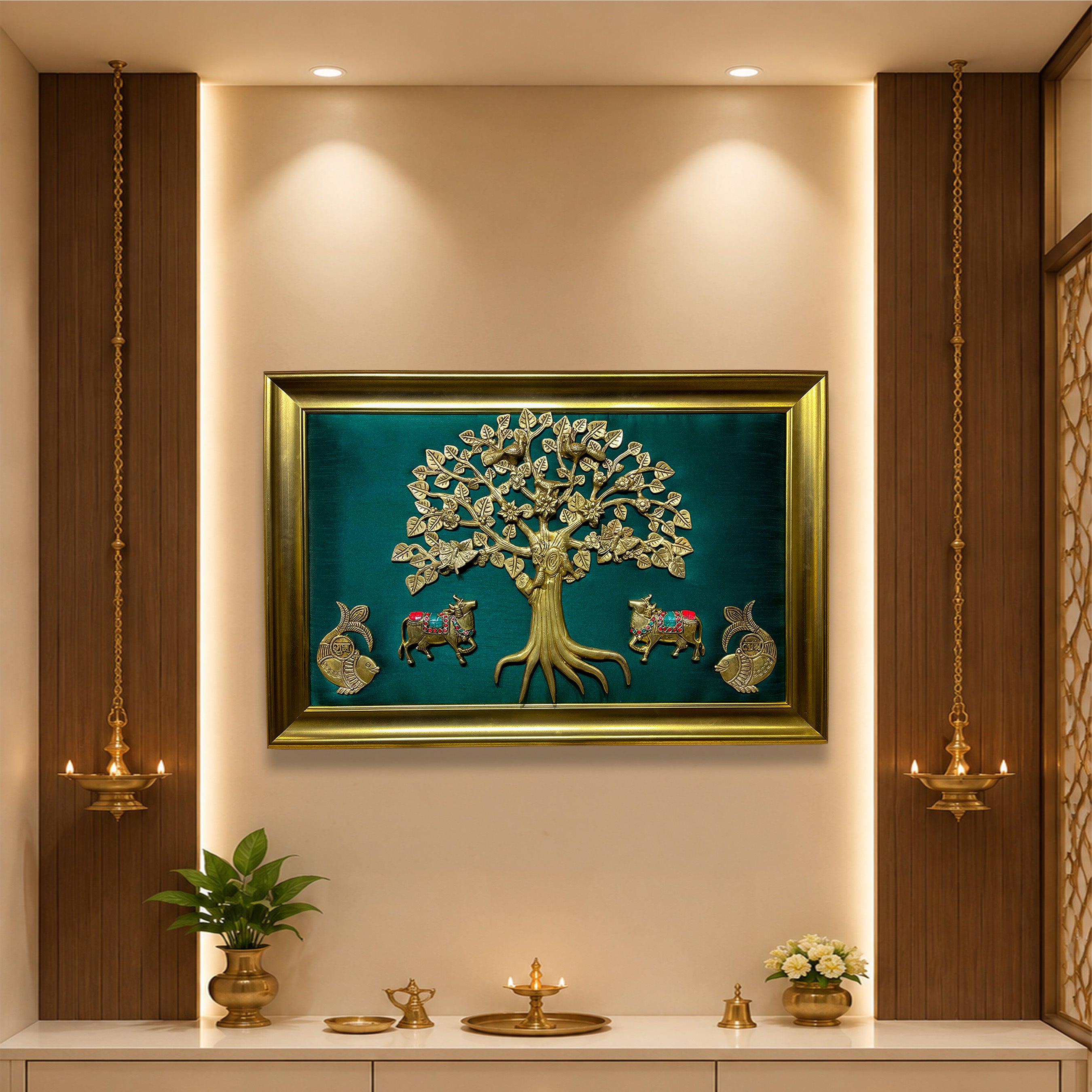 Brass Kalpavriksha Tree with 2 Cows & Shubh Labh Wall Art | Rama Green Silk | Moulded Gold Colour Frame | Premium Vastu Home Décor