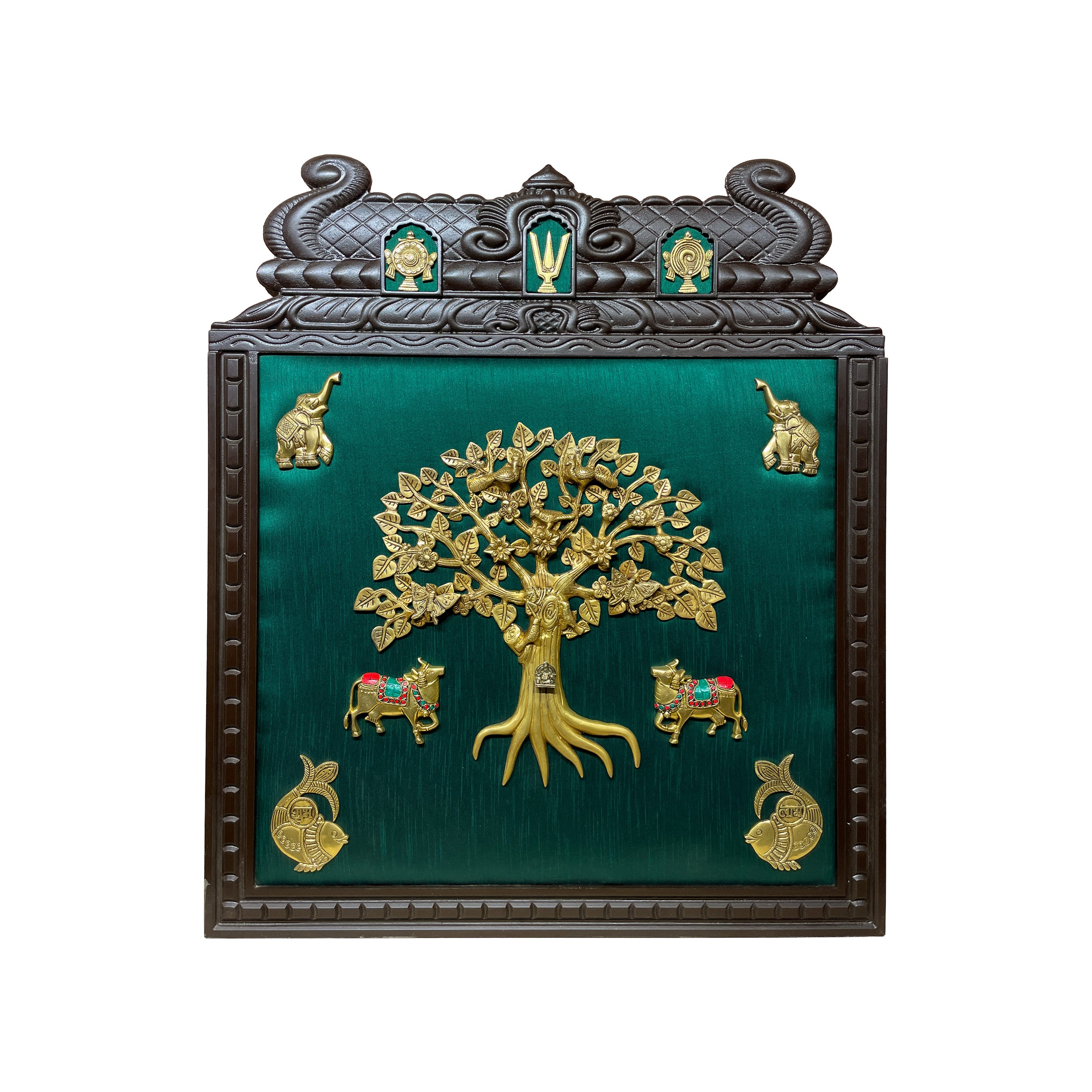Brass Kalpavriksha Wall Art with Kamadhenu, Elephants, Shubh Labh & Vaishnava Symbols | Green Silk Backdrop | Engineered Wooden Frame | Luxury Vastu Wall Decor by ESTUDIO