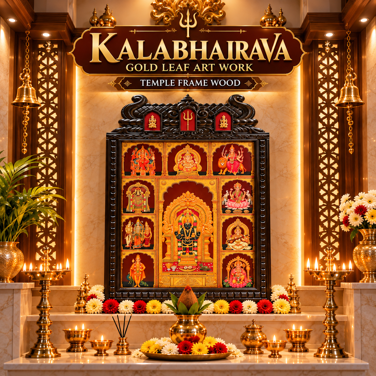 Kalabhairava Premium Gold Leaf Artwork with Ganesha, Saraswati & Trishulam | Traditional Temple Style Engineered Wooden Frame | Made by ESTUDIO