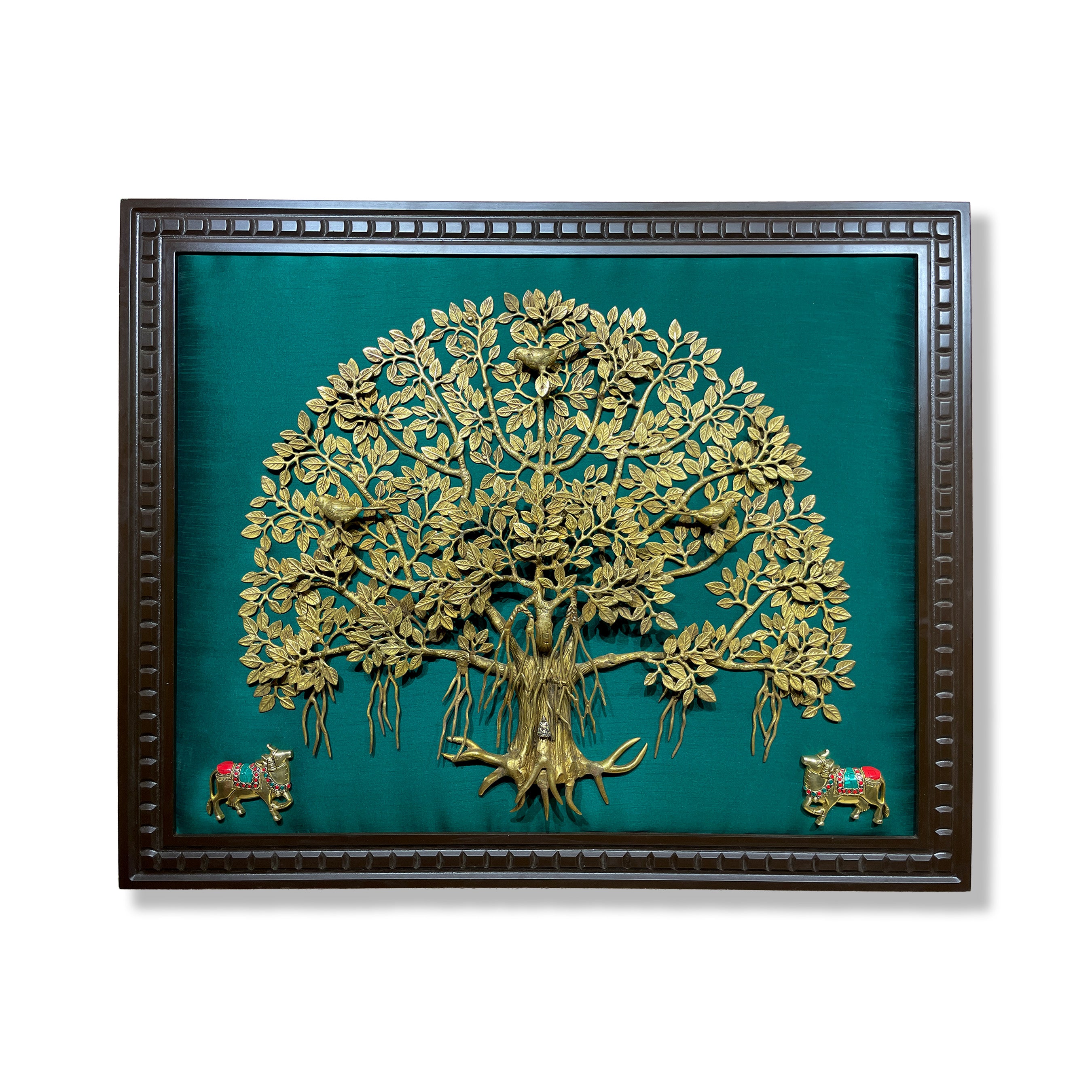 Brass Kalpavriksha with Kamadhenu | Luxury Wall Art with Engineered Wood Frame