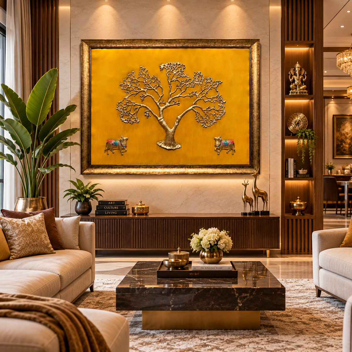 Kalpavriksha Tree with 2 Brass Cows | Luxury Indian Wall Art | Yellow Silk Background | Estudio