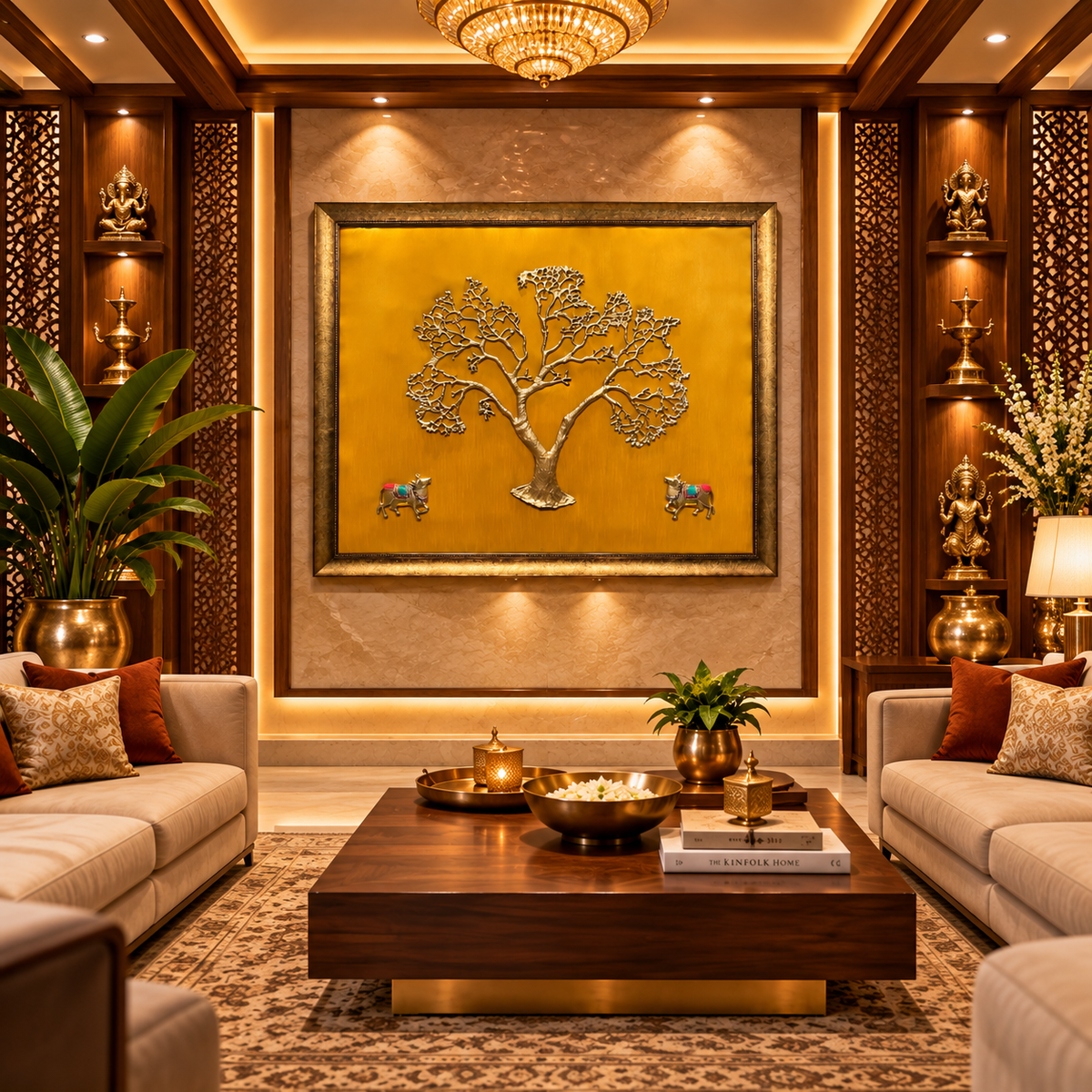 Kalpavriksha Tree with 2 Brass Cows | Luxury Indian Wall Art | Yellow Silk Background | Estudio