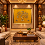 Kalpavriksha Tree with 2 Brass Cows | Luxury Indian Wall Art | Yellow Silk Background | Estudio