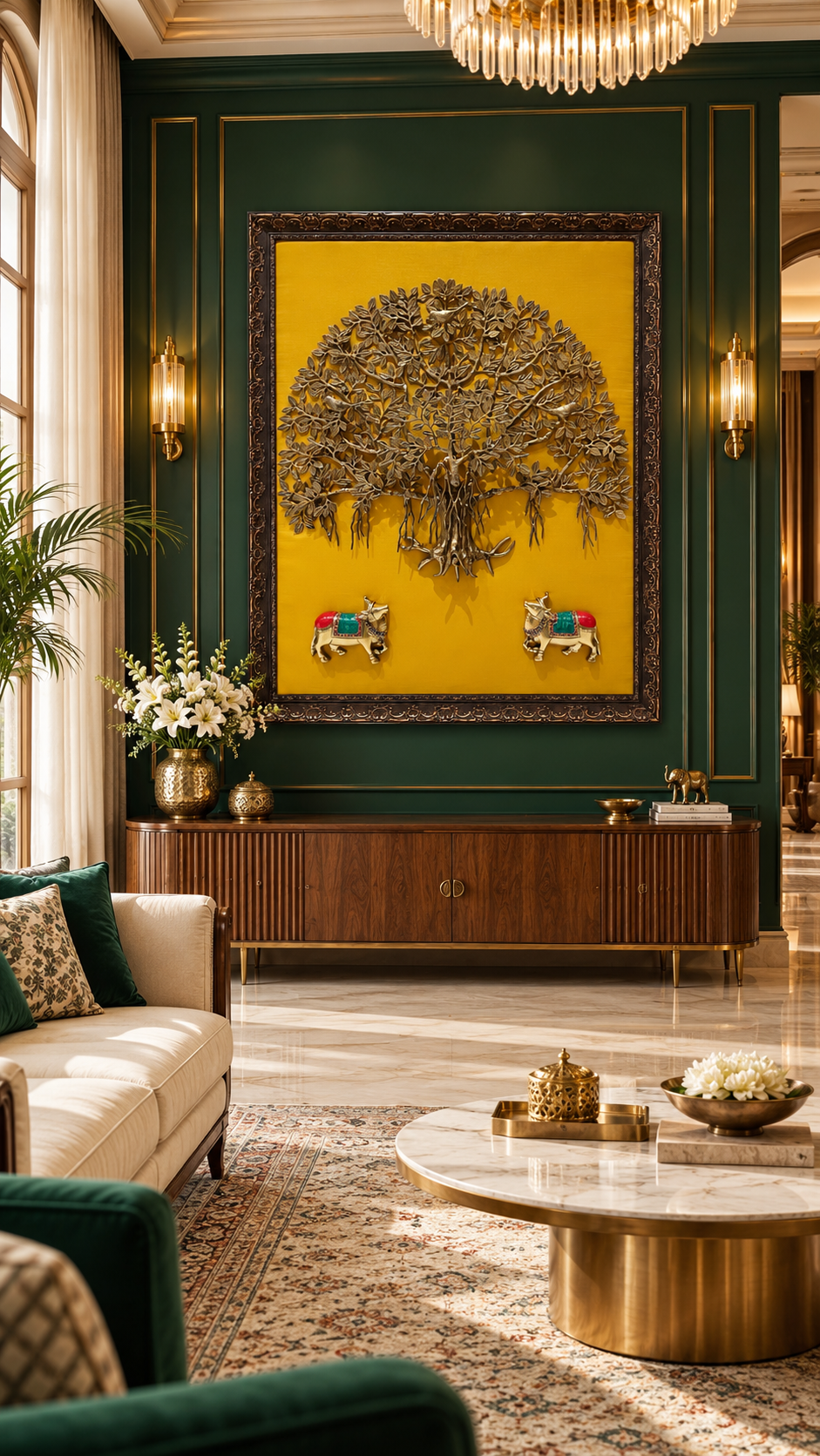 Brass Kalpavriksha & Kamadhenu Wall Art, 40 × 50 Inches | Estudio