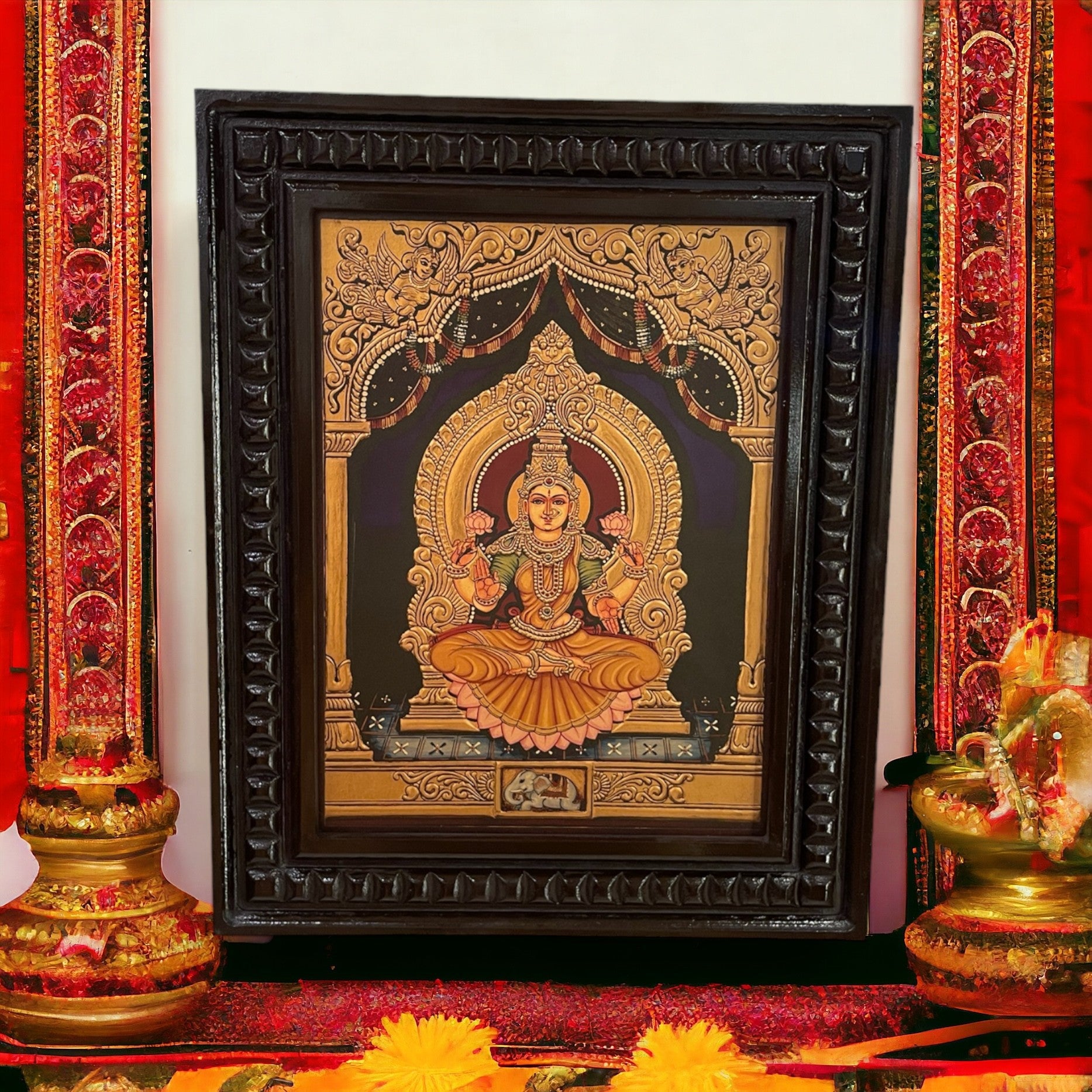 Shree Lakshmi Gold Leafed Art With Wooden Frame
