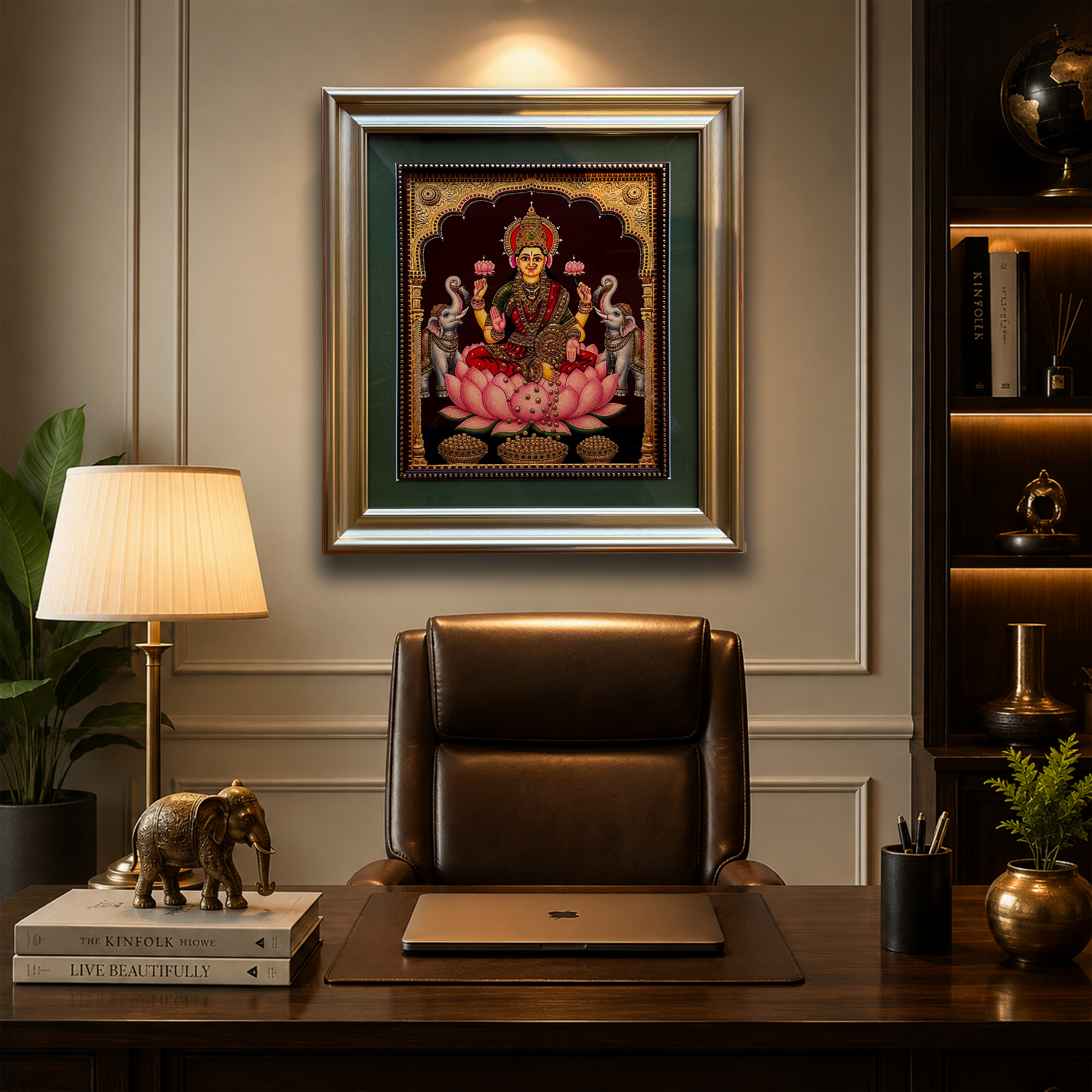 Goddess Lakshmi Gold Leaf Artwork | Luxury Gold Resin Frame with Green Mount & Inner Beading