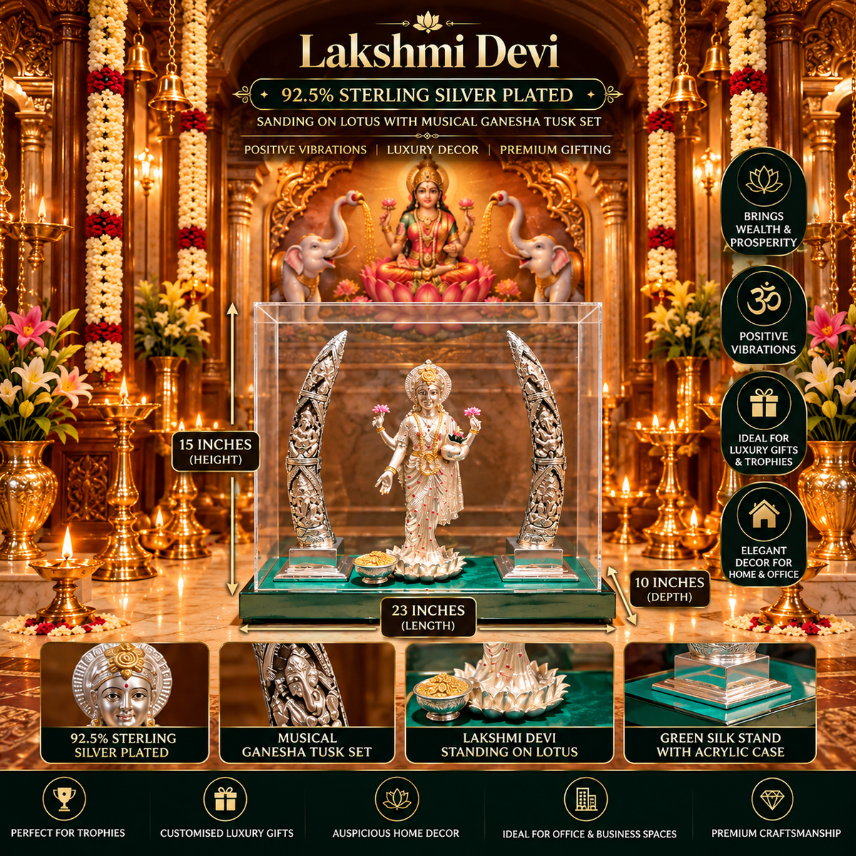 92.5% STERLING SILVER PLATED LAKSHMI DEVI ON LOTUS WITH MUSICAL GANESHA TUSK SET | LUXURY DIVINE DÉCOR BY ESTUDIO