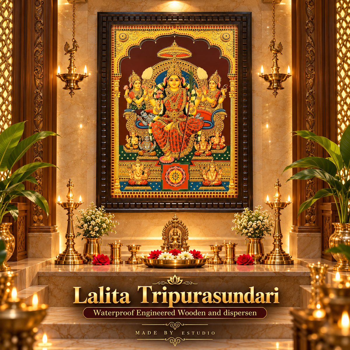 Lalita Tripurasundari Gold Leaf Artwork | Waterproof Engineered Wooden Frame | Divine Pooja Room Wall Art | Made by Estudio