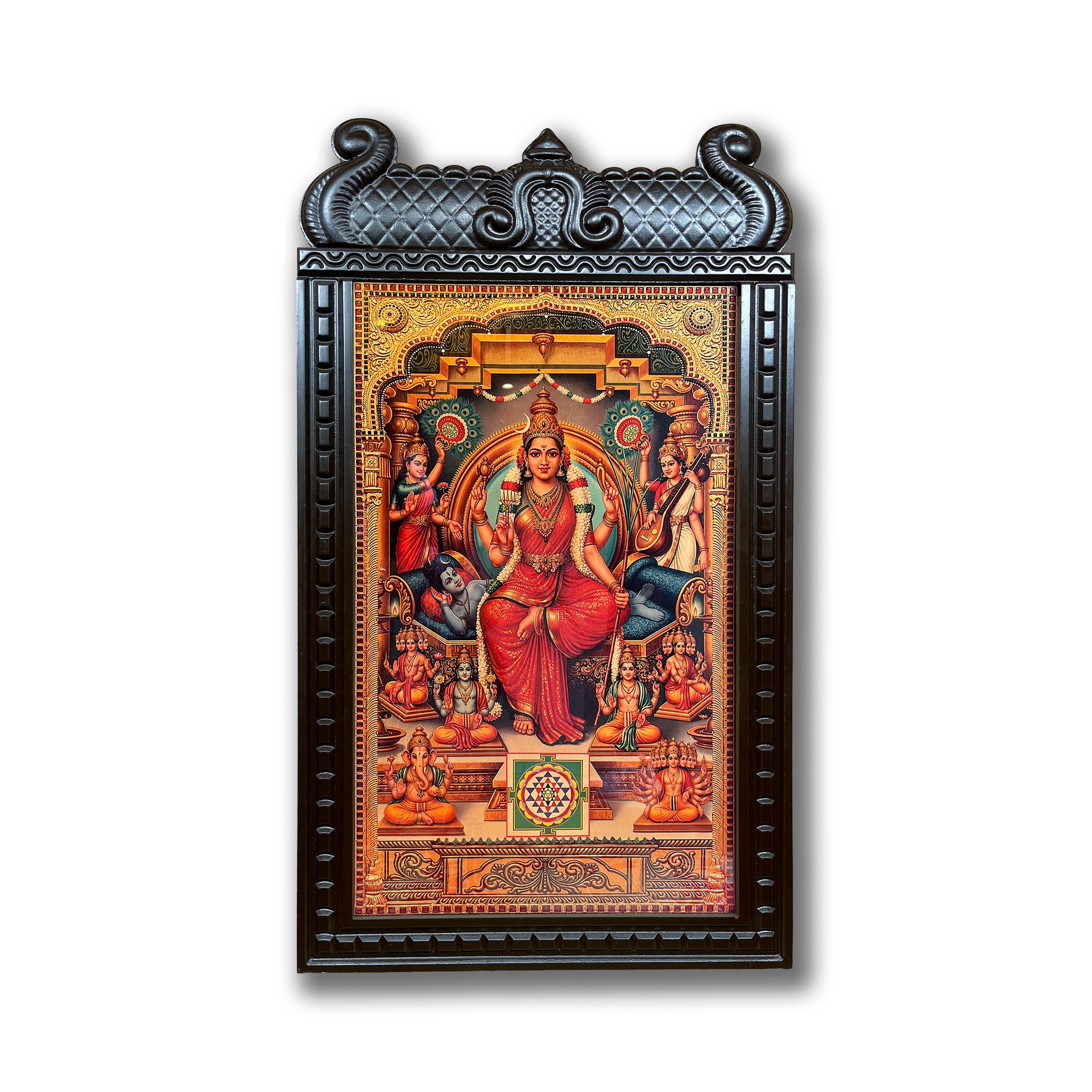 Lalitha Tripura Sundari Gold Leaf Art | Engineered Wooden Temple Frame | Pooja Room Wall Art