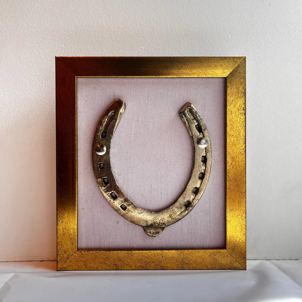 Good Luck Brass Horse Shoe with wine red silk background