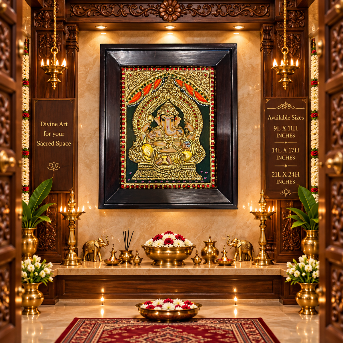Lord Ganesha Tanjore Painting | Rosewood Frame | Luxury Pooja Room Wall Art