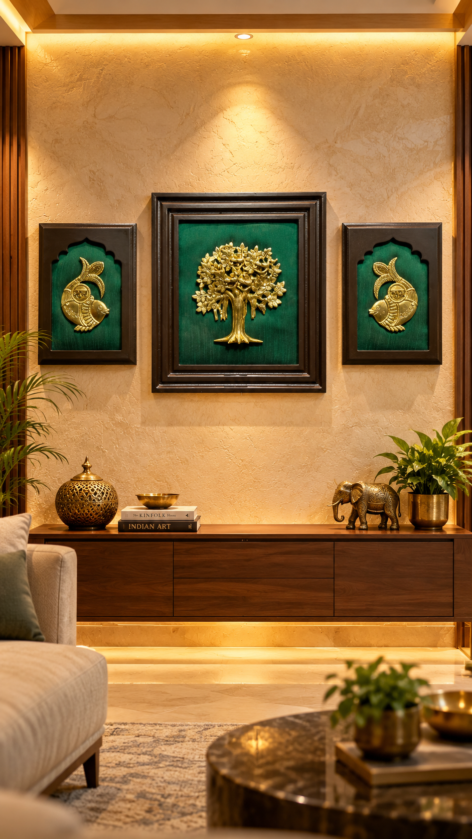 Kalpavriksha & Shubh Labh Brass Wall Art Set of 3