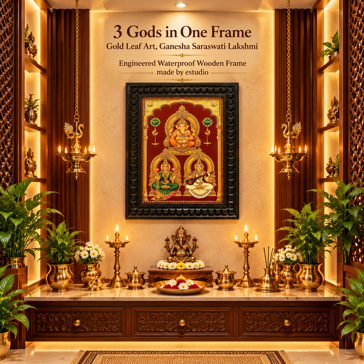 3 Gods in One Frame Gold Leaf Art | Ganesha, Lakshmi & Saraswati | Waterproof Wooden Frame – Estudio
