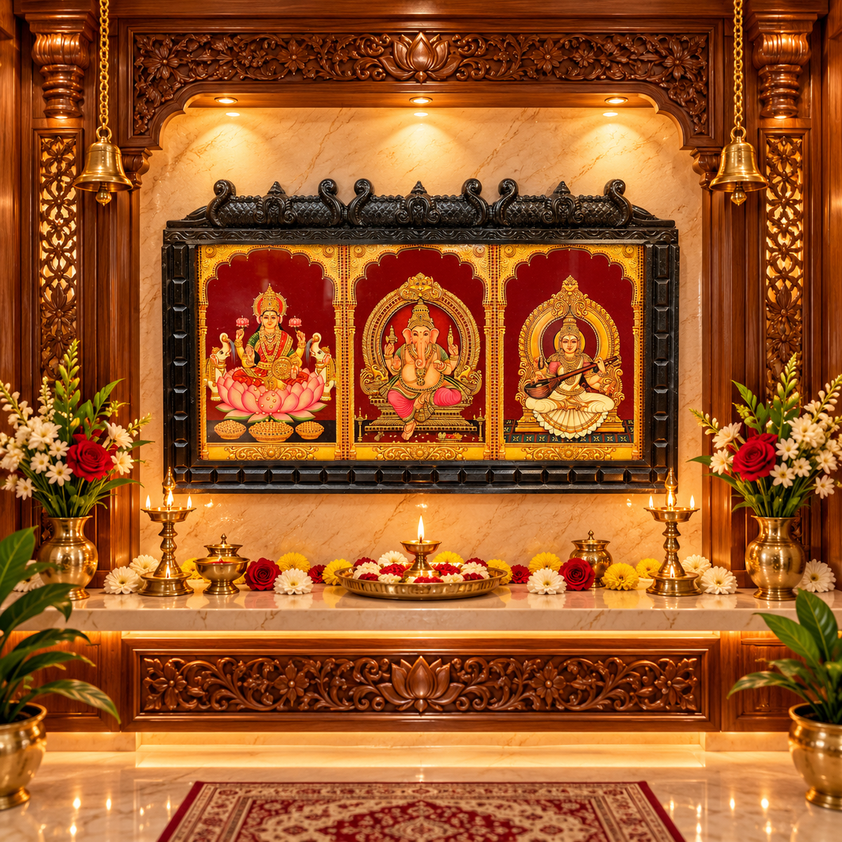 3 Gods in one frame Premium Gold Leafed Artwork | Engineered Wooden Temple Frame | Made by ESTUDIO