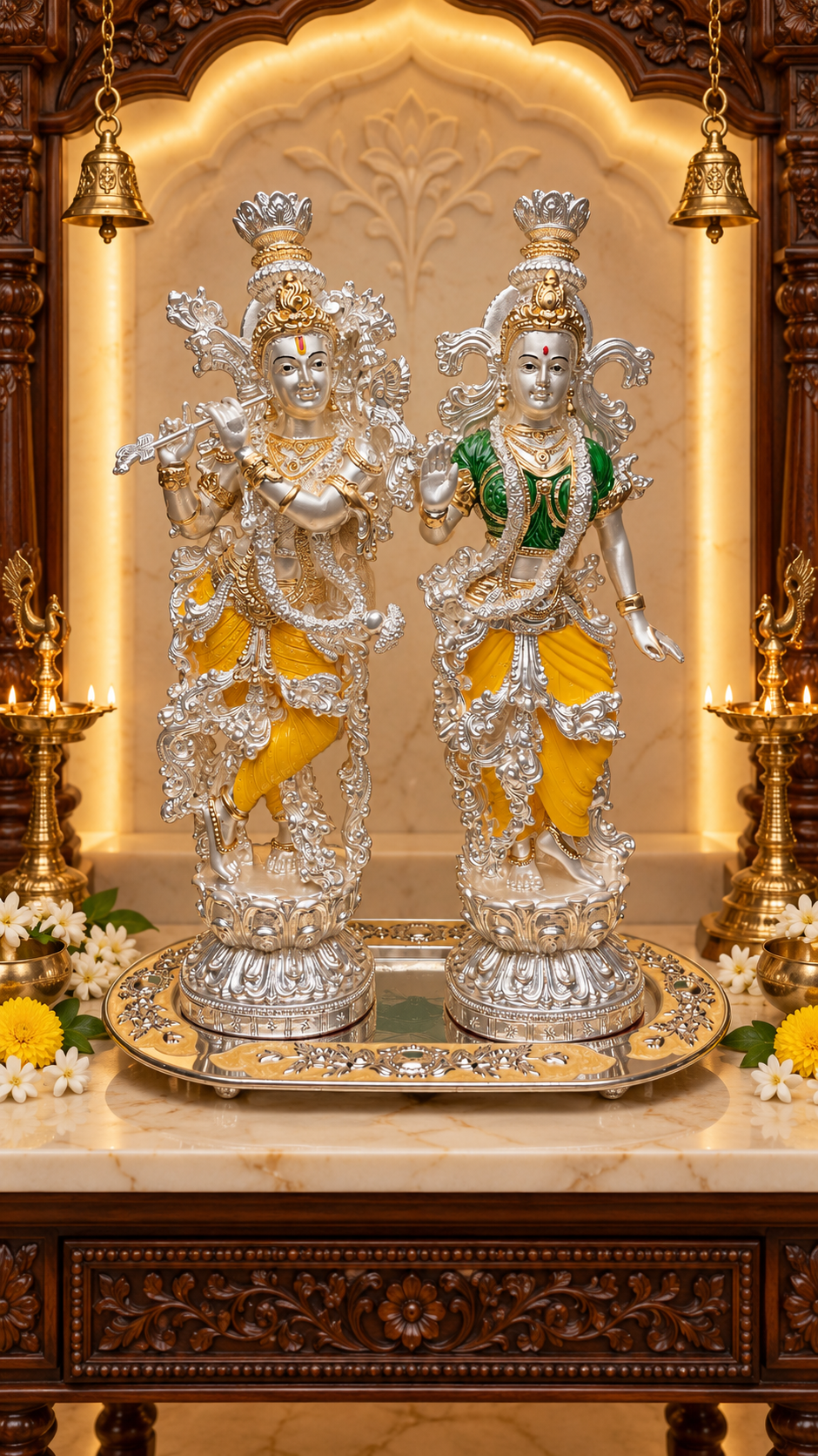 Silver-Plated Radha Krishna Idol Pair, 14.5″ Each | Estudio