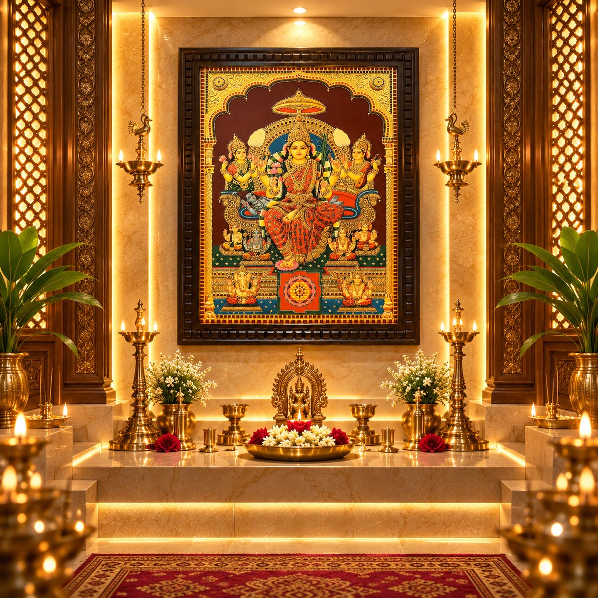 Lalita Tripurasundari Gold Leaf Artwork | Waterproof Engineered Wooden Frame | Divine Pooja Room Wall Art | Made by Estudio