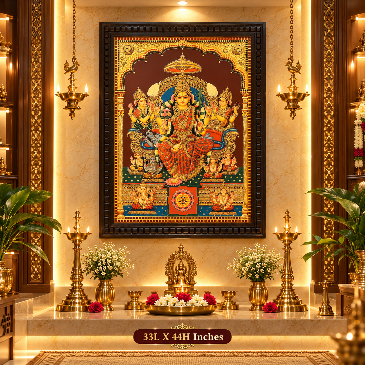 Lalita Tripurasundari Gold Leaf Artwork | Waterproof Engineered Wooden Frame | Divine Pooja Room Wall Art | Made by Estudio