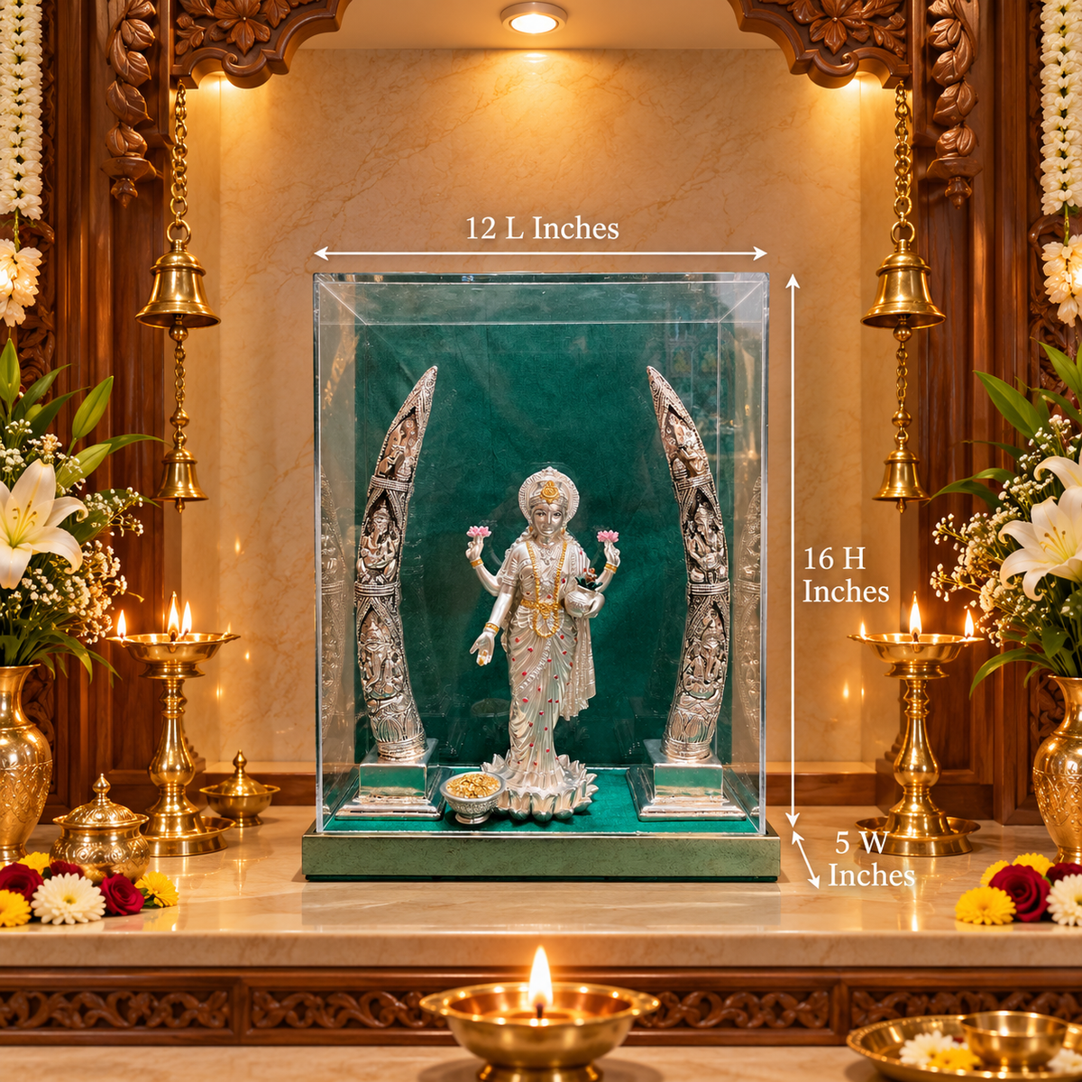 92.5% STERLING SILVER PLATED LAKSHMI DEVI ON LOTUS WITH MUSICAL GANESHA TUSK SET | LUXURY DIVINE DÉCOR BY ESTUDIO