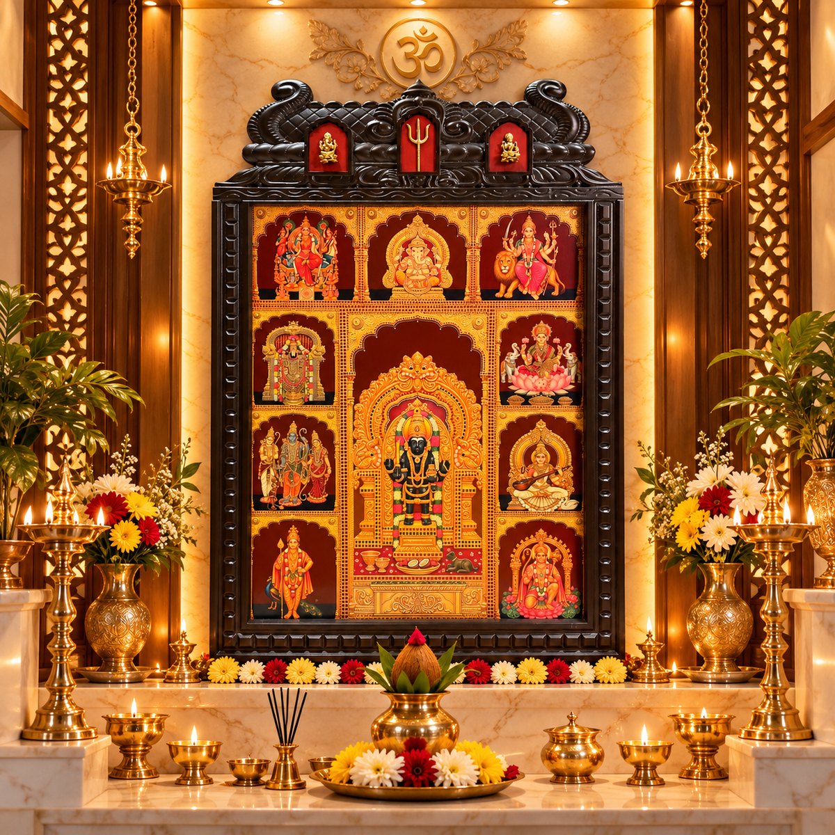 Kalabhairava Premium Gold Leaf Artwork with Ganesha, Saraswati & Trishulam | Traditional Temple Style Engineered Wooden Frame | Made by ESTUDIO